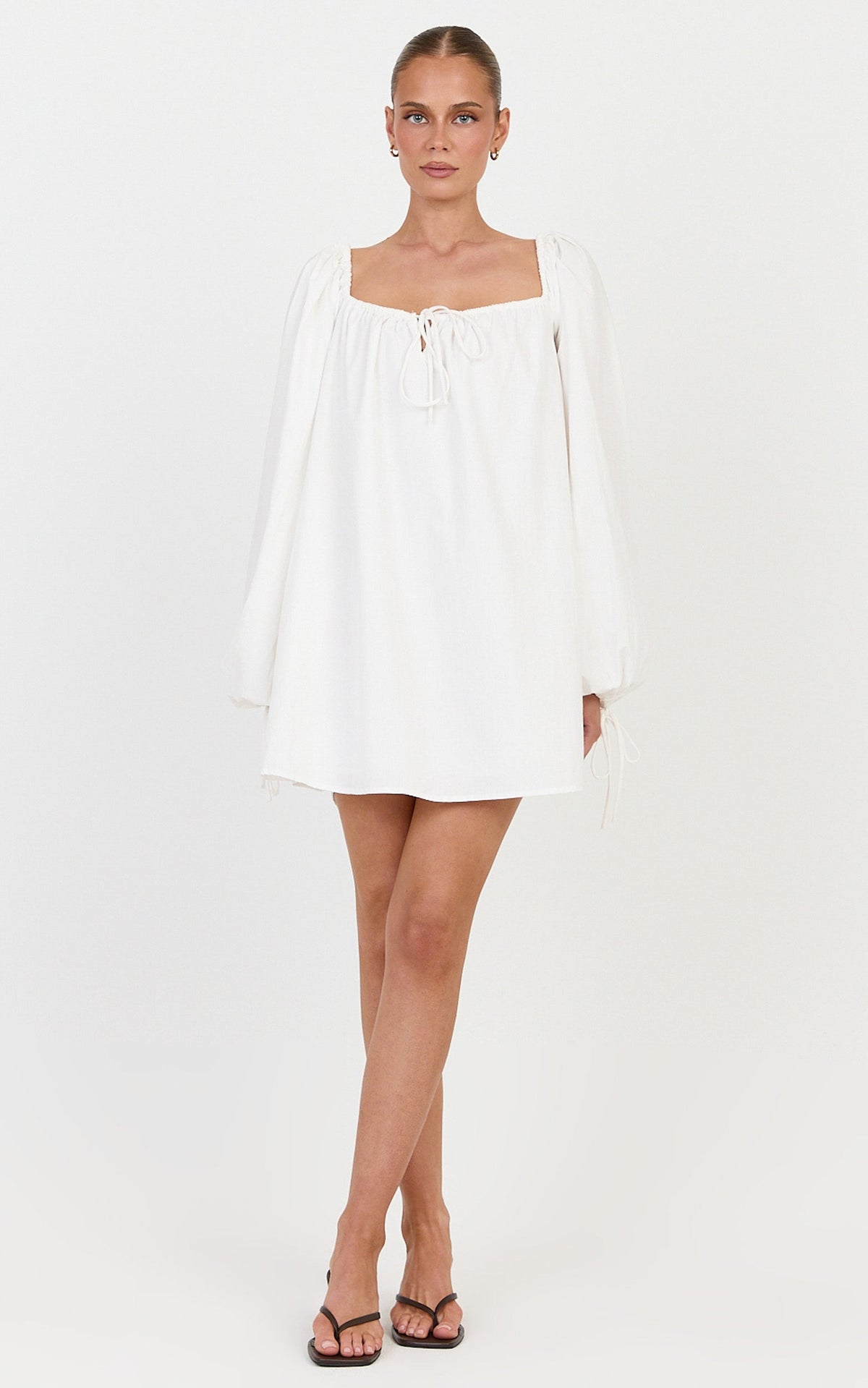 Brixton Mini Dress - Square Neck Smock Dress in White