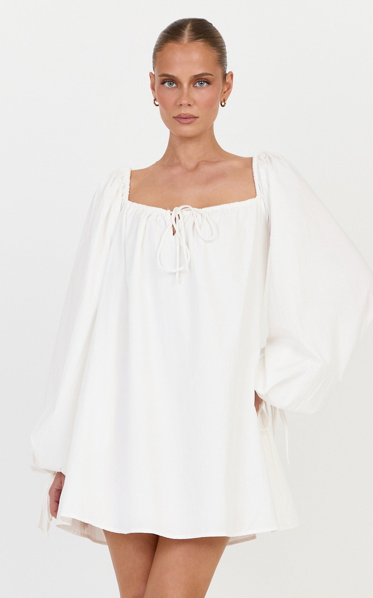 Brixton Mini Dress - Square Neck Smock Dress in White