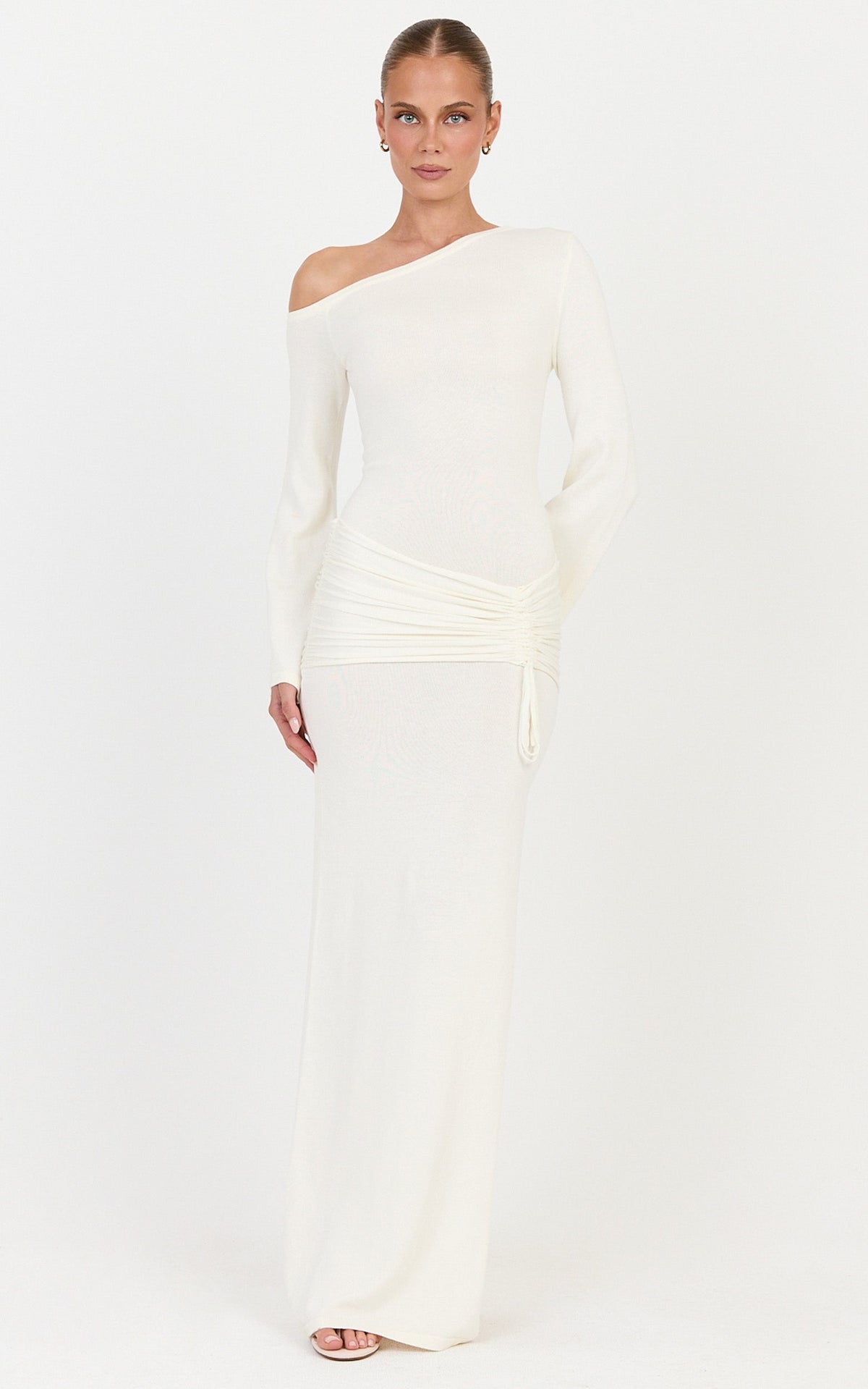 Tiffany Maxi Dress - Cotton Ruched Overlay Long Sleeve Knit Dress in Ivory