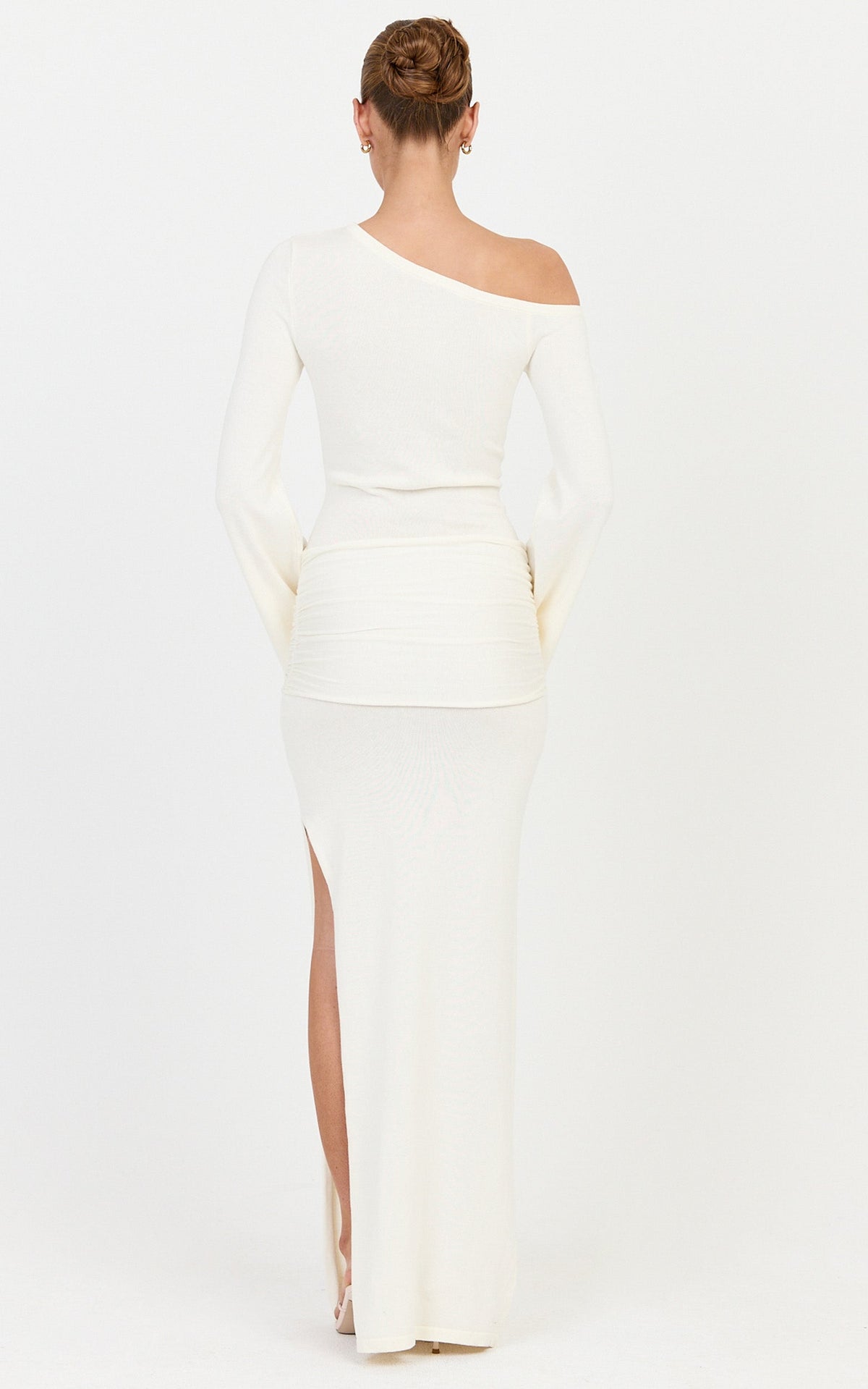 Tiffany Maxi Dress - Cotton Ruched Overlay Long Sleeve Knit Dress in Ivory
