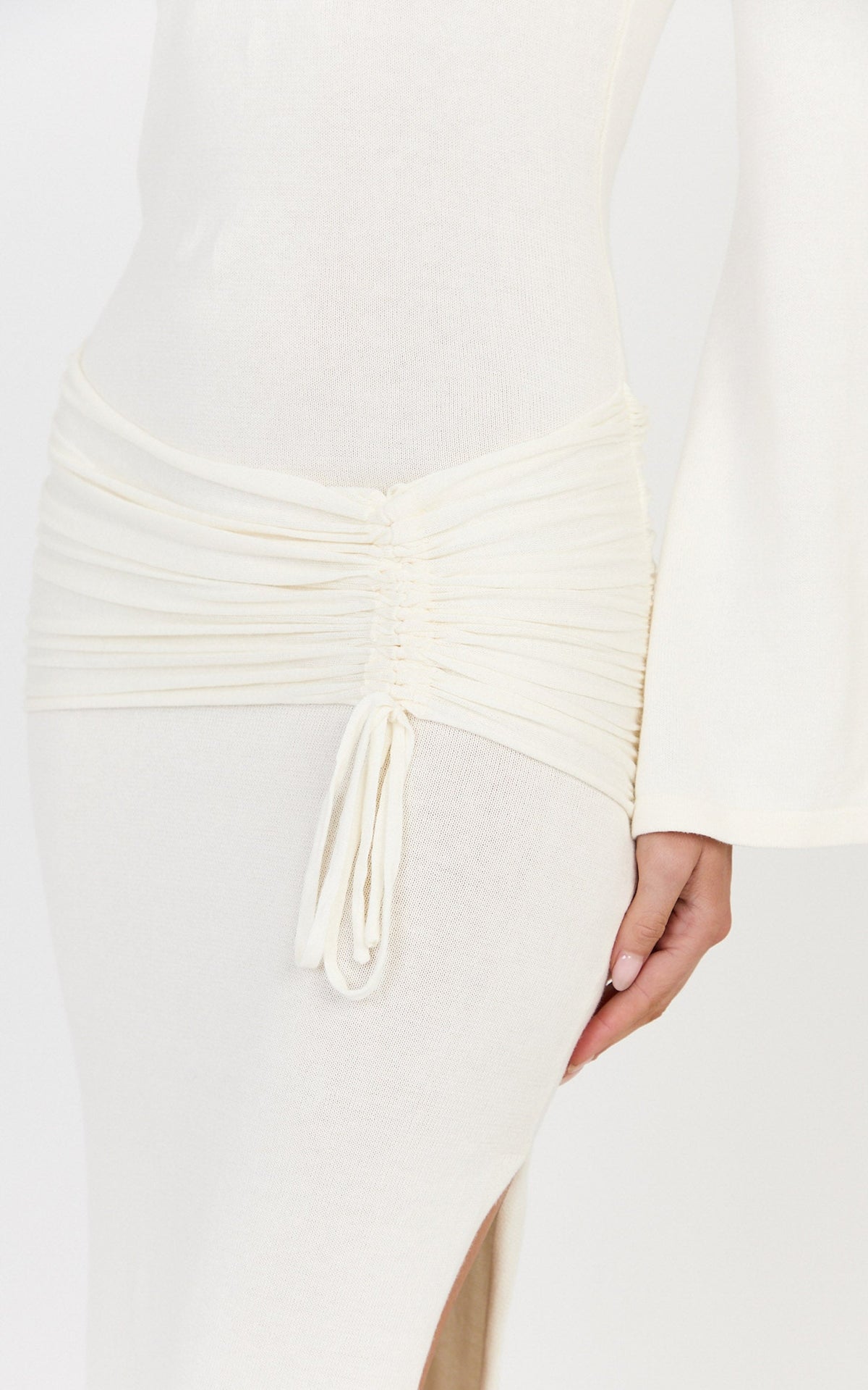 Tiffany Maxi Dress - Cotton Ruched Overlay Long Sleeve Knit Dress in Ivory