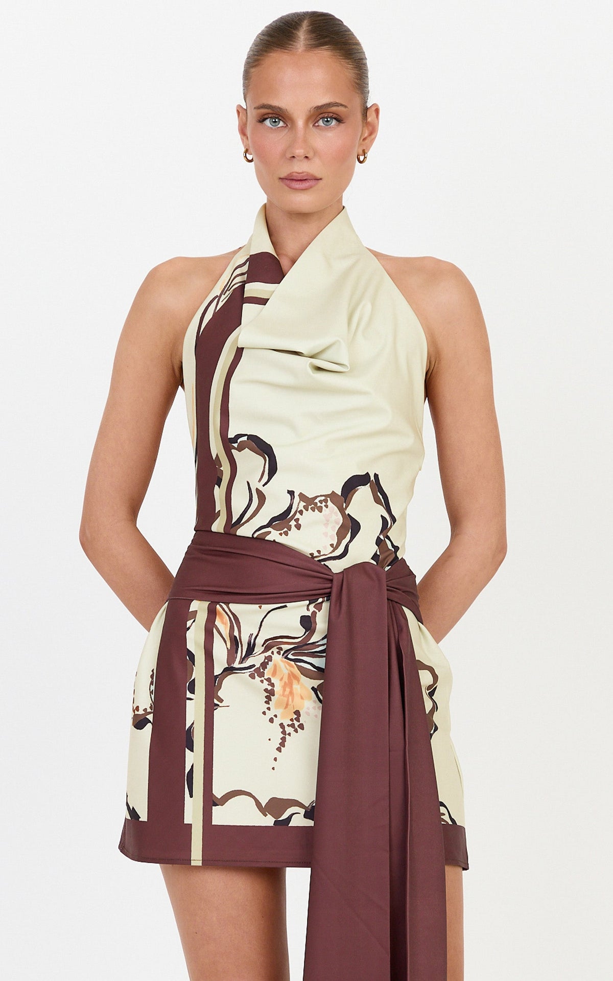 Katherine Mini Dress - Halterneck Cowl Tie Waist Dress in Pistachio Line Floral Print