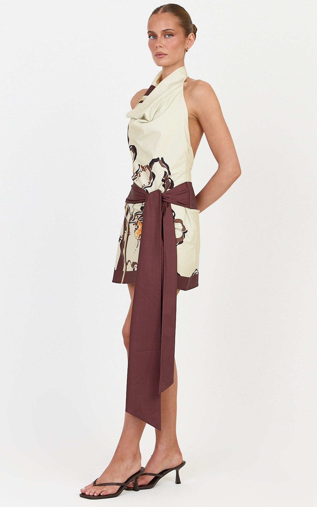 Katherine Mini Dress - Halterneck Cowl Tie Waist Dress in Pistachio Line Floral Print