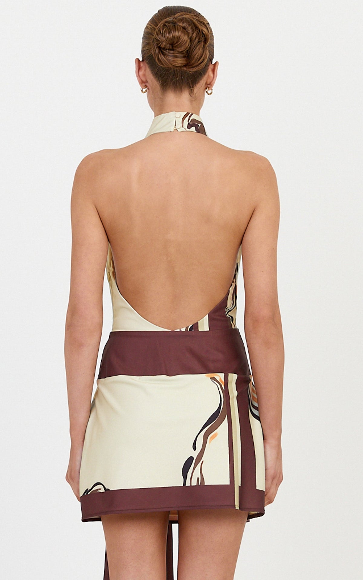 Katherine Mini Dress - Halterneck Cowl Tie Waist Dress in Pistachio Line Floral Print