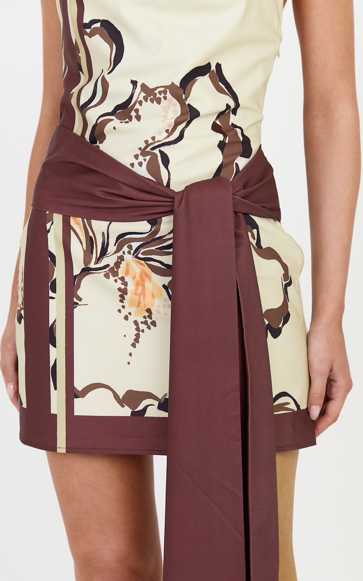 Katherine Mini Dress - Halterneck Cowl Tie Waist Dress in Pistachio Line Floral Print