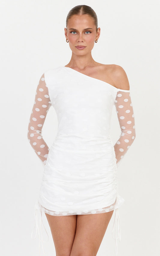 Bessette Mini Dress - Polka Dot Mesh Long Sleeve Dress in Ivory