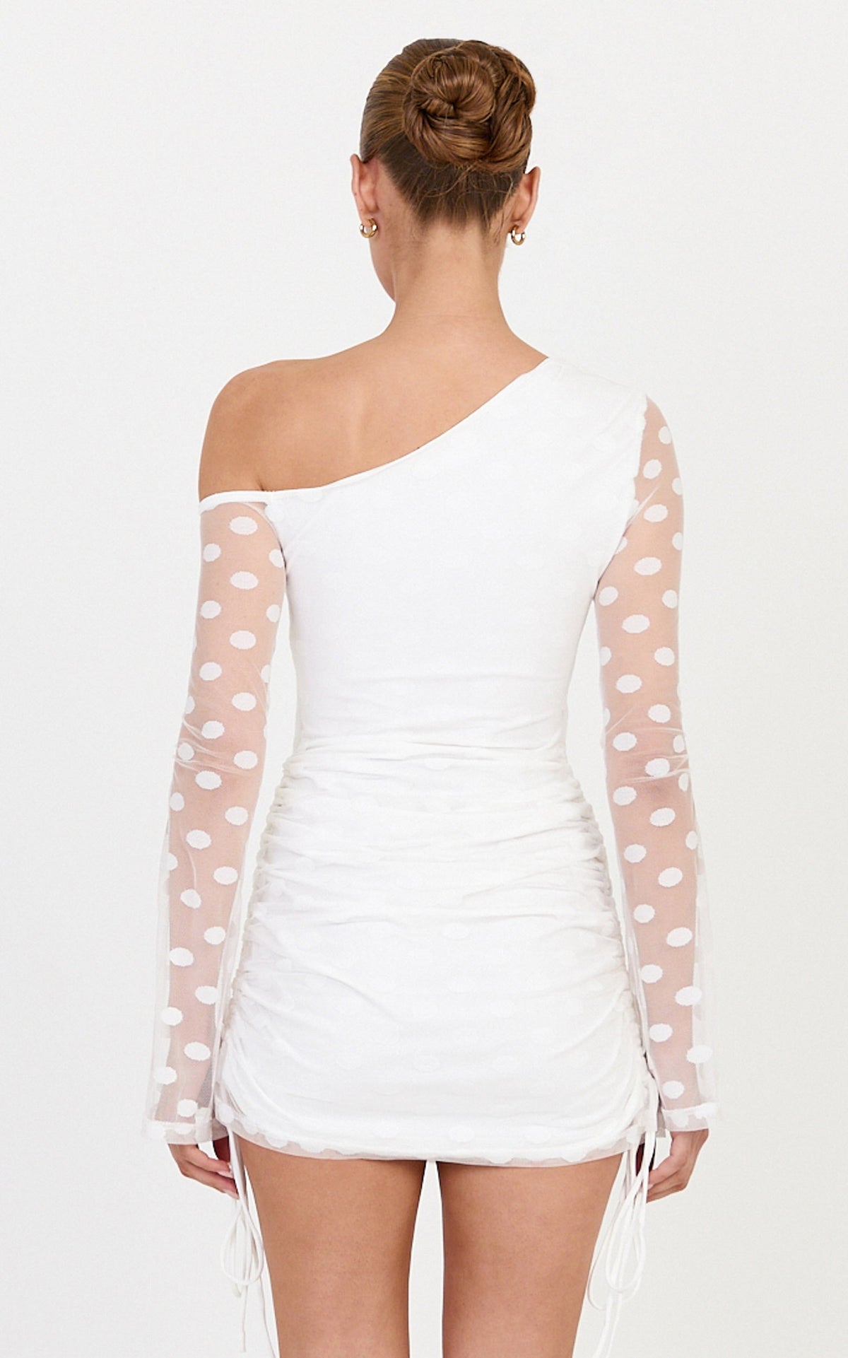 Bessette Mini Dress - Polka Dot Mesh Long Sleeve Dress in Ivory