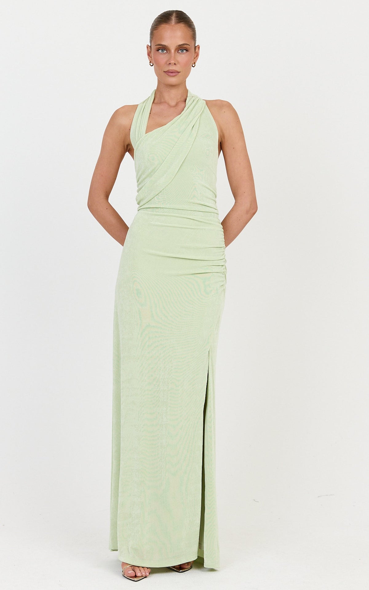 Matilda Maxi Dress - Draped Halterneck Side Split Maxi Dress in Pistachio