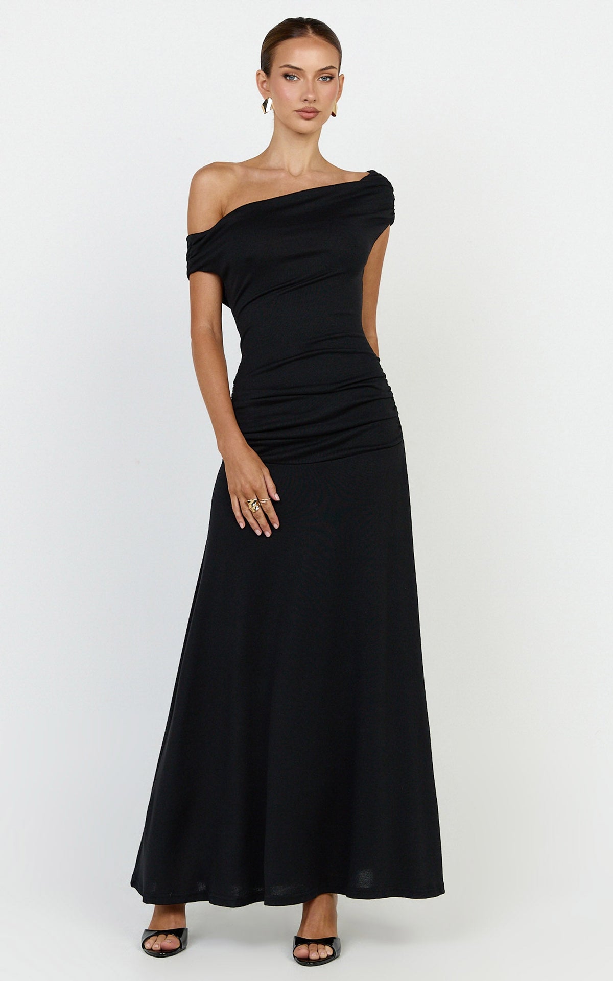 Ophelia Maxi Dress - Off Shoulder Ruched Fit And Flare Dress in Black