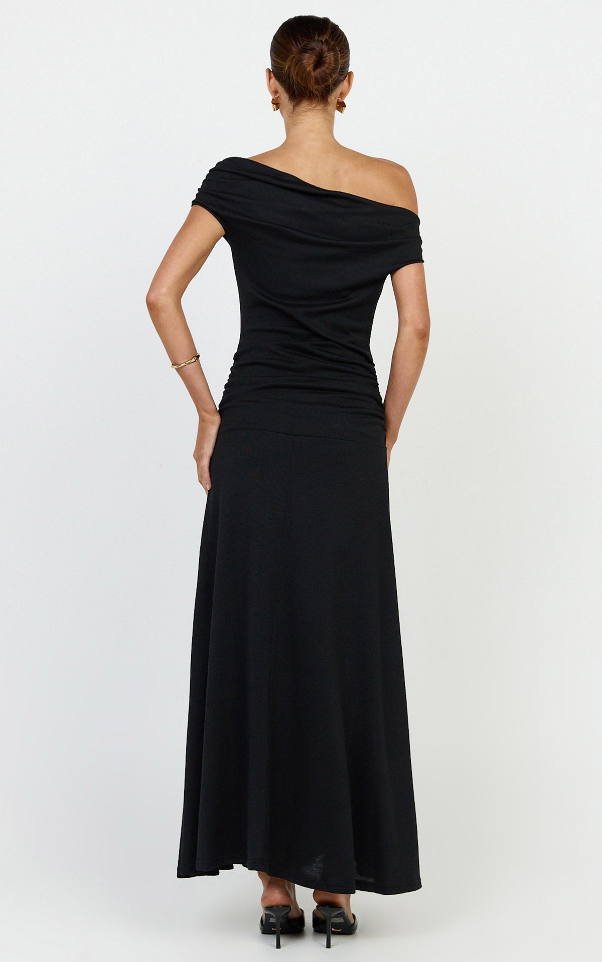 Ophelia Maxi Dress - Off Shoulder Ruched Fit And Flare Dress in Black
