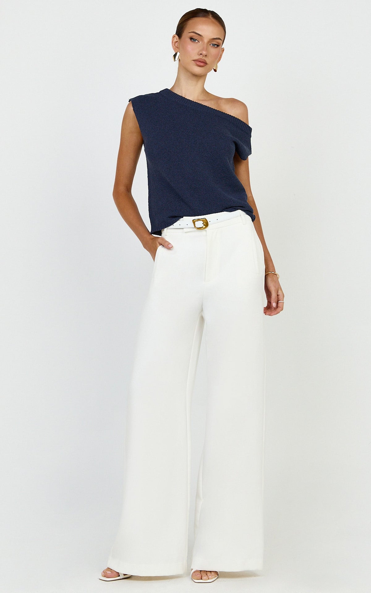 Marilou Top - Knit Off Shoulder Top in Navy