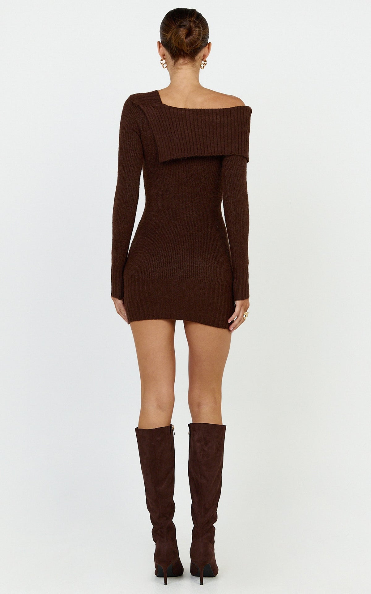 Tess Mini Dress - Asymmetric Off Shoulder Long Sleeve Knit Dress in Chocolate