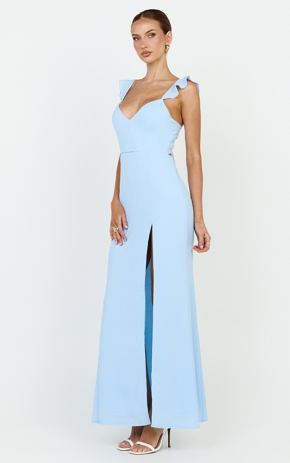More Than This Maxi Dress - Ruffle Strap Thigh Split Dress in Light Blue