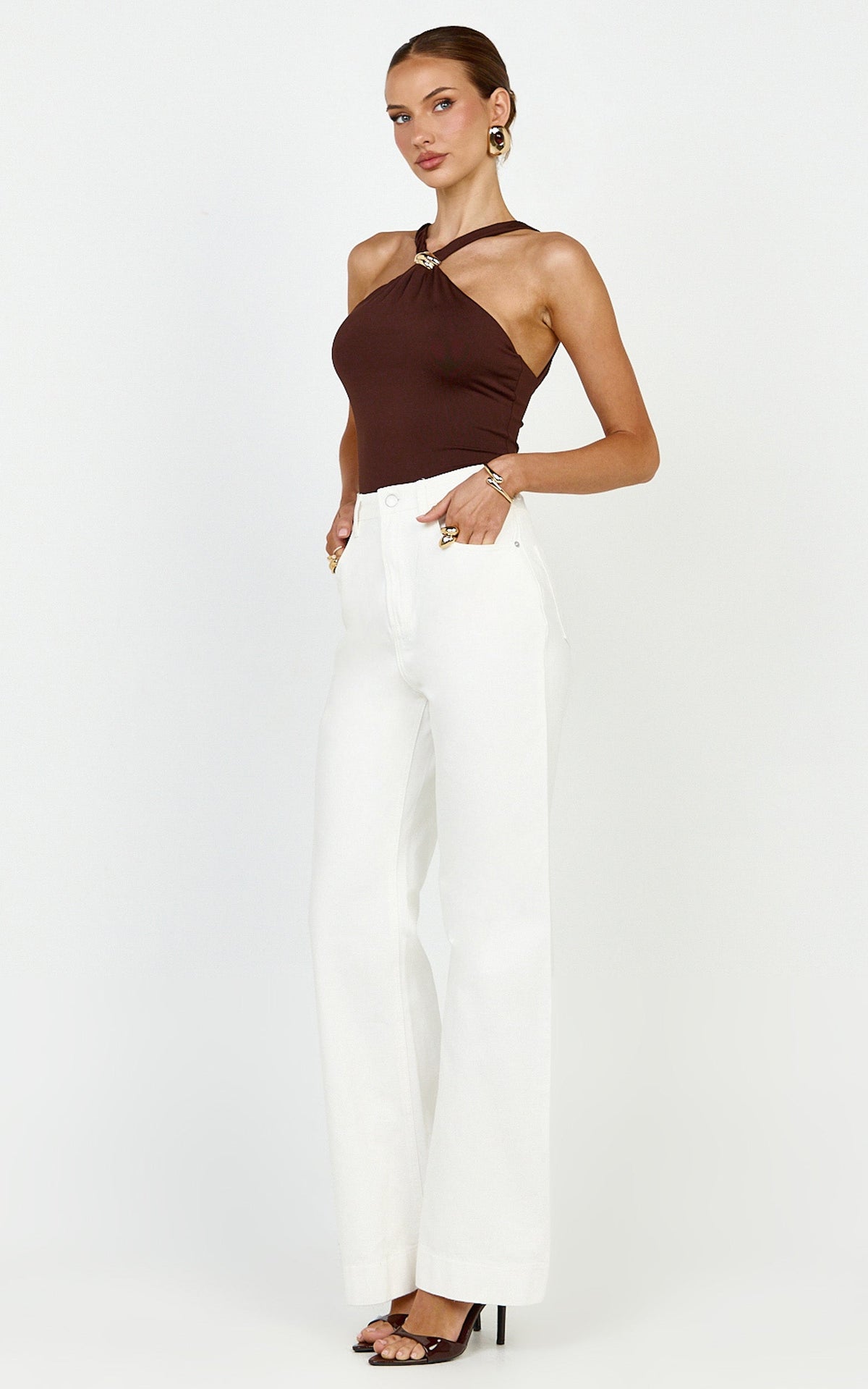 Emman Jeans - High Waisted Cotton Wide Leg Denim Jeans in Ecru