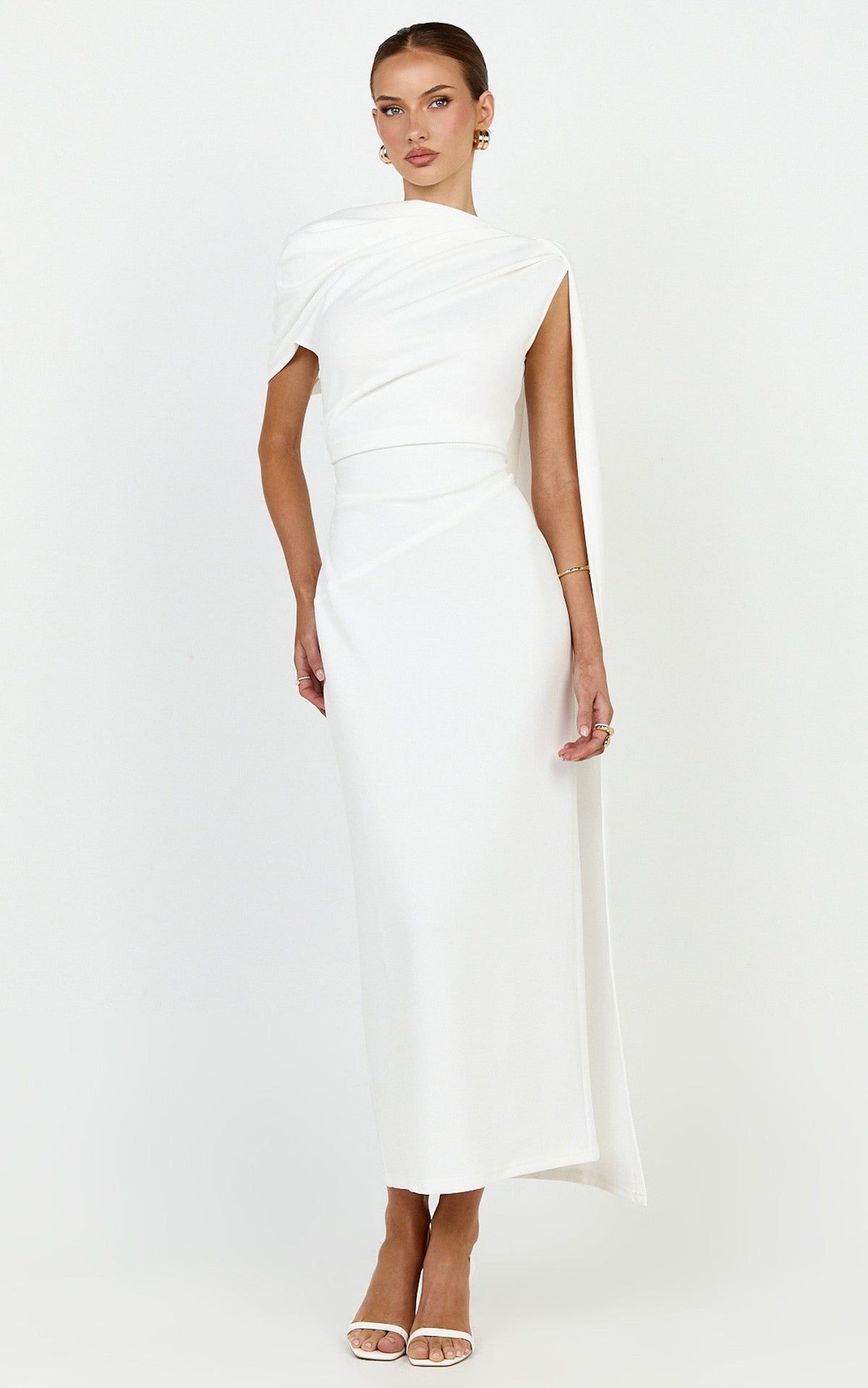Visenta Midi Dress - Asymmetrical Sleeve Dress in White