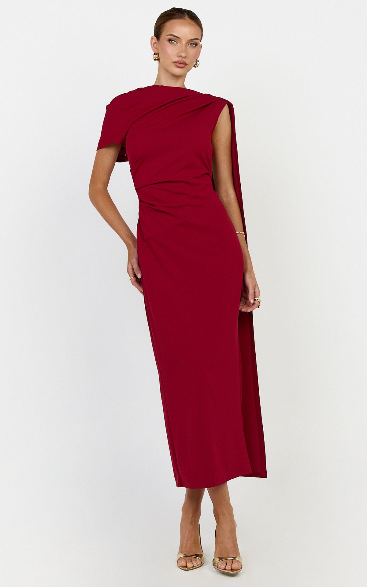 Visenta Midi Dress - Asymmetrical Sleeve Dress in Wine