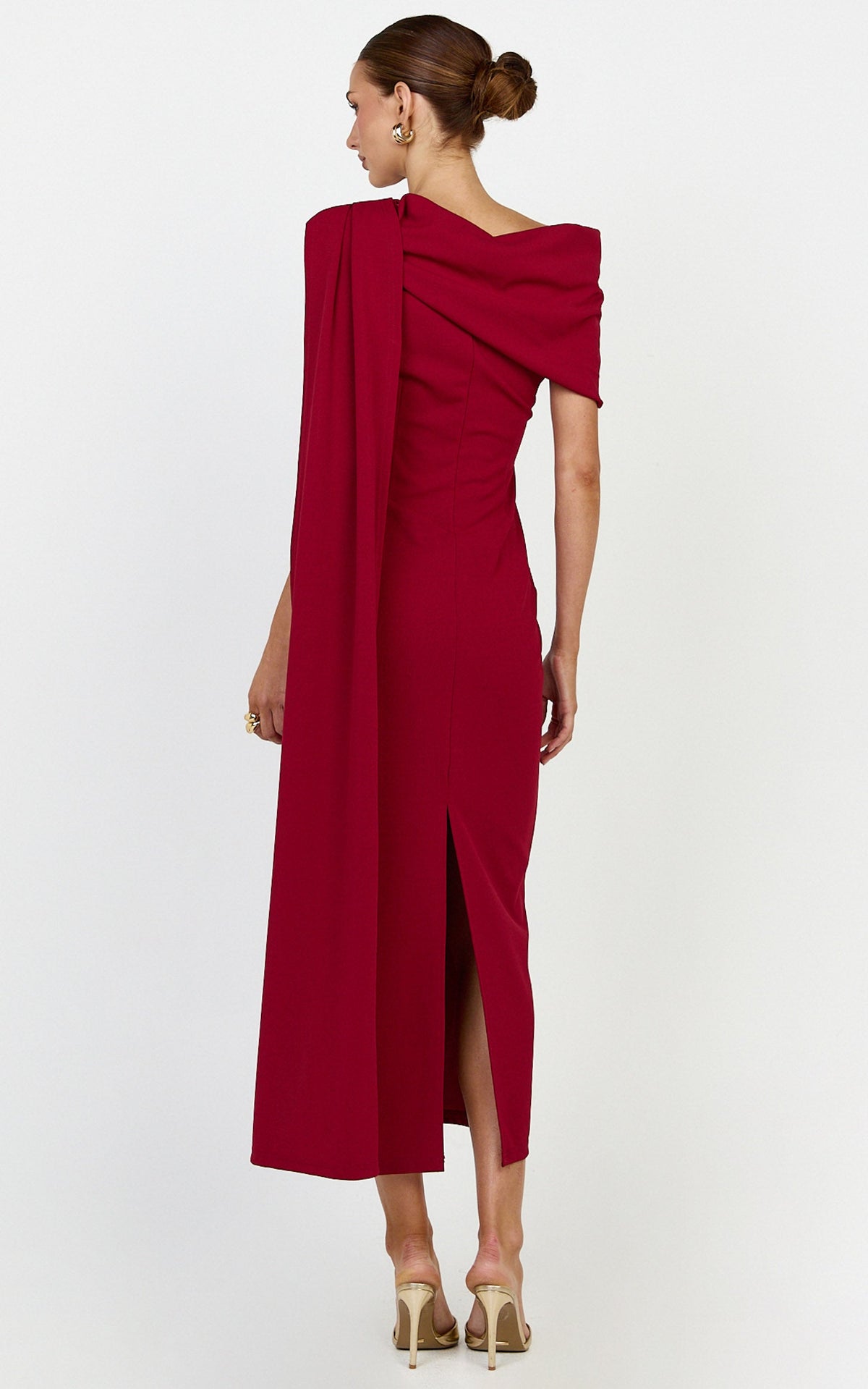 Visenta Midi Dress - Asymmetrical Sleeve Dress in Wine