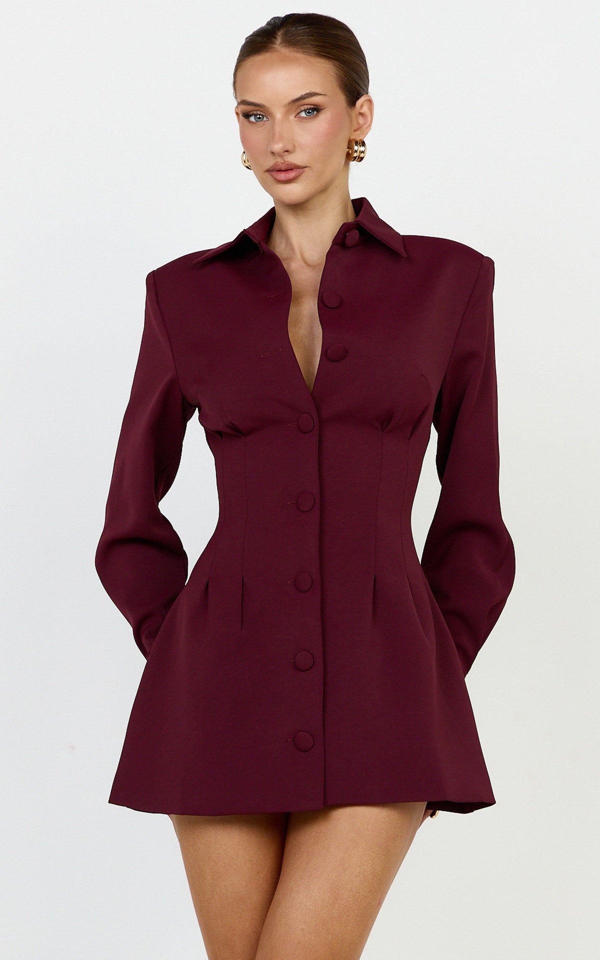 Thelma Mini Dress - Button Front Pleat Waist Tulip Skirt Shirtdress in Wine