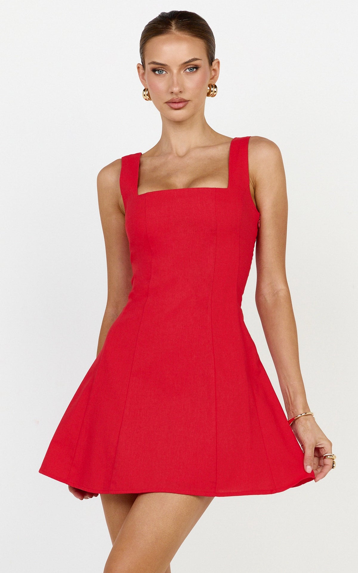 Adiana Mini Dress - Linen Square Neck Shirred Back A Line Dress in Red