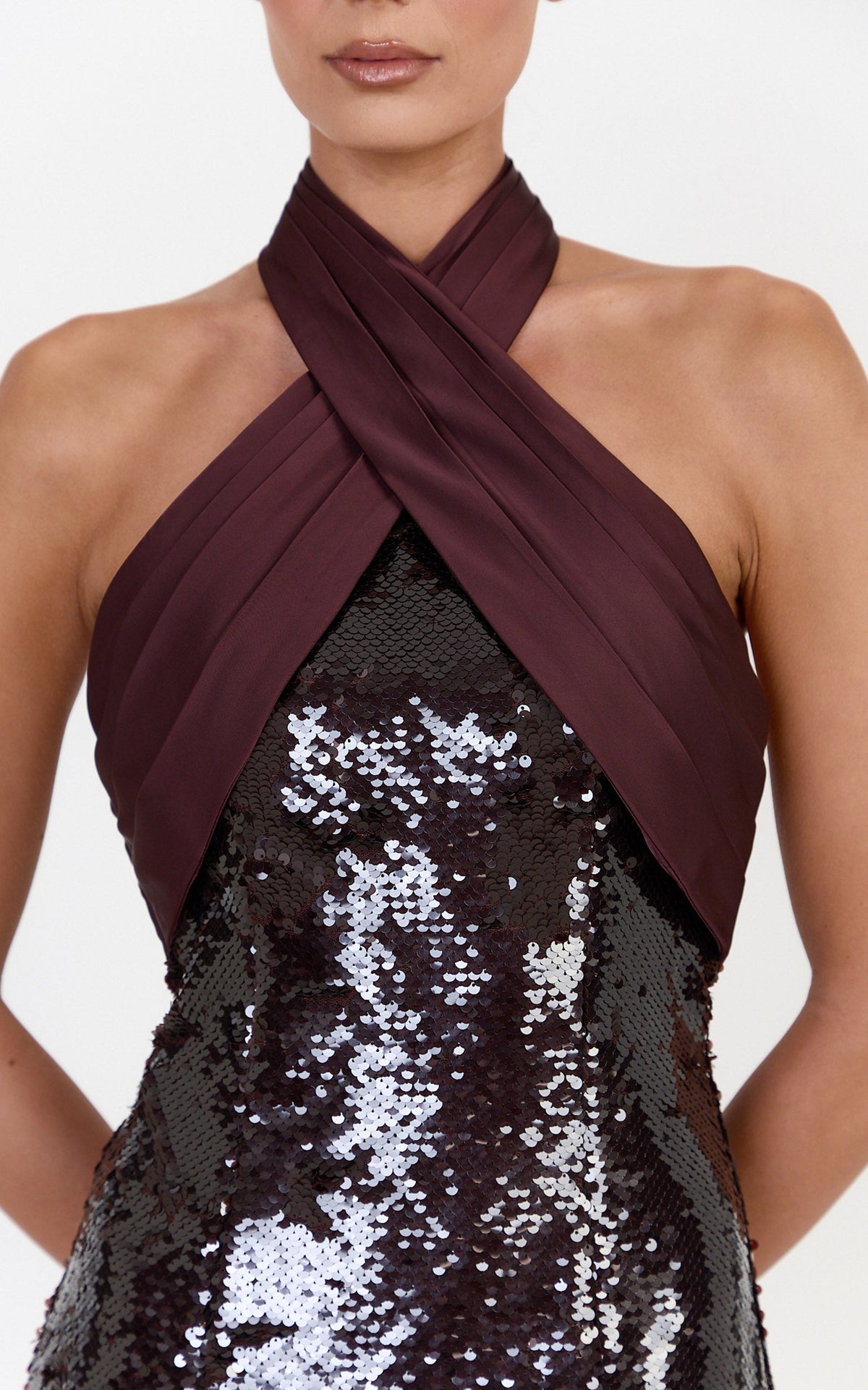 Shea Mini Dress - Crossover Halter Tie Neck Contrast Satin And Sequin Mini Dress in Plum