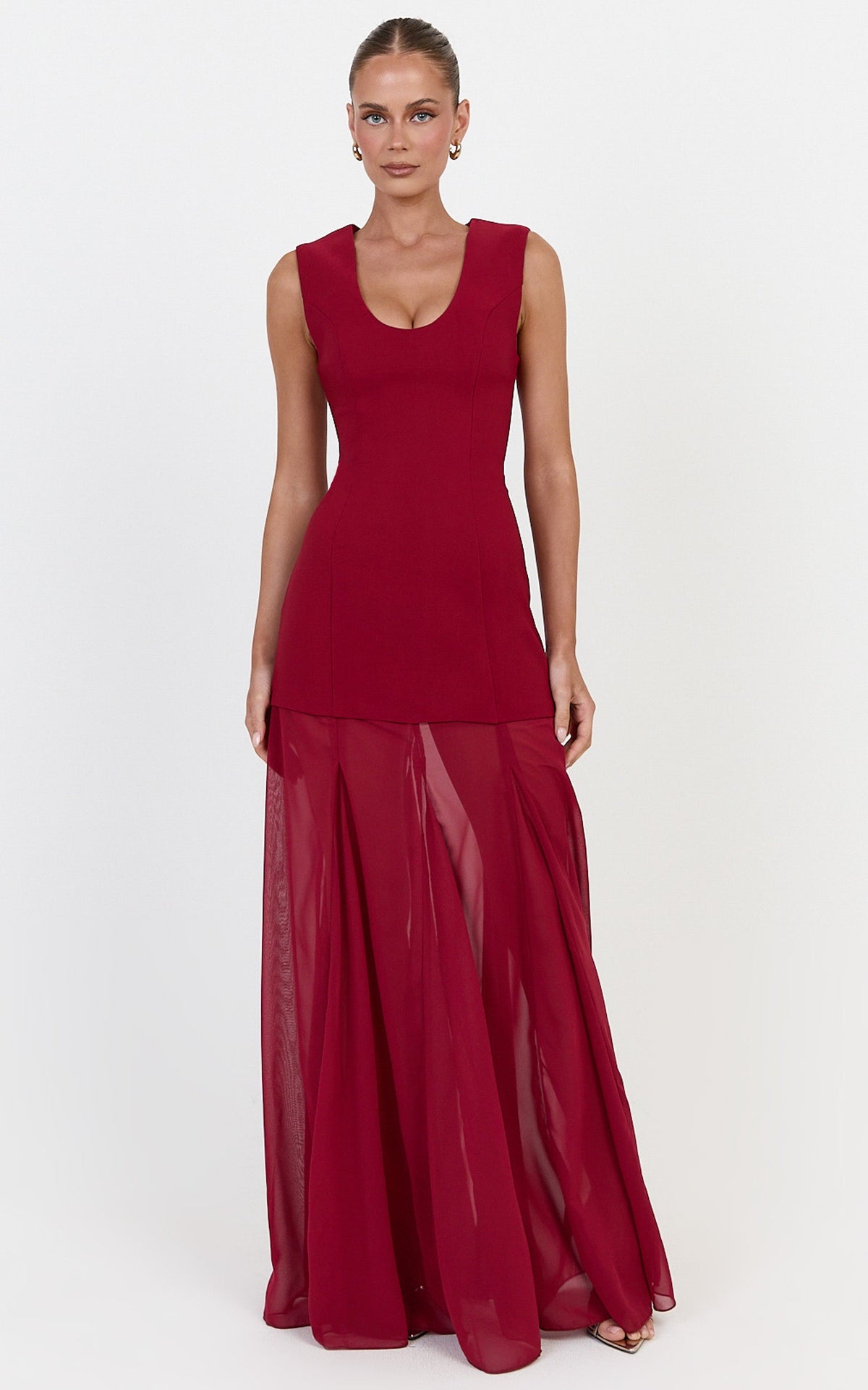 Frances Maxi Dress - Contrast U Neck Godet A Line Dress in Wine