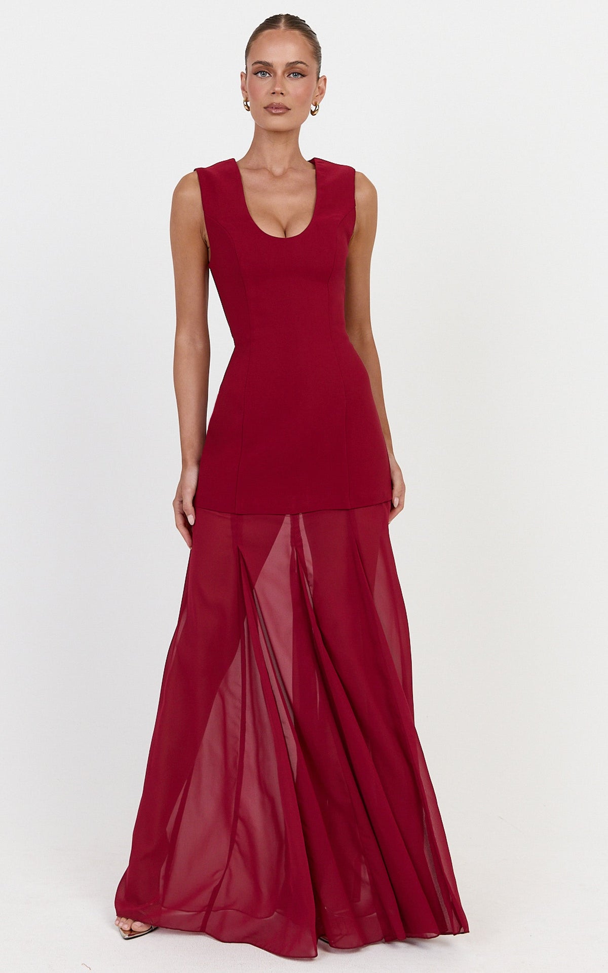 Frances Maxi Dress - Contrast U Neck Godet A Line Dress in Wine