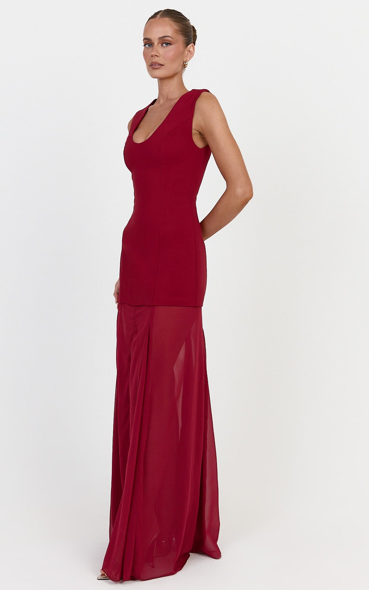 Frances Maxi Dress - Contrast U Neck Godet A Line Dress in Wine