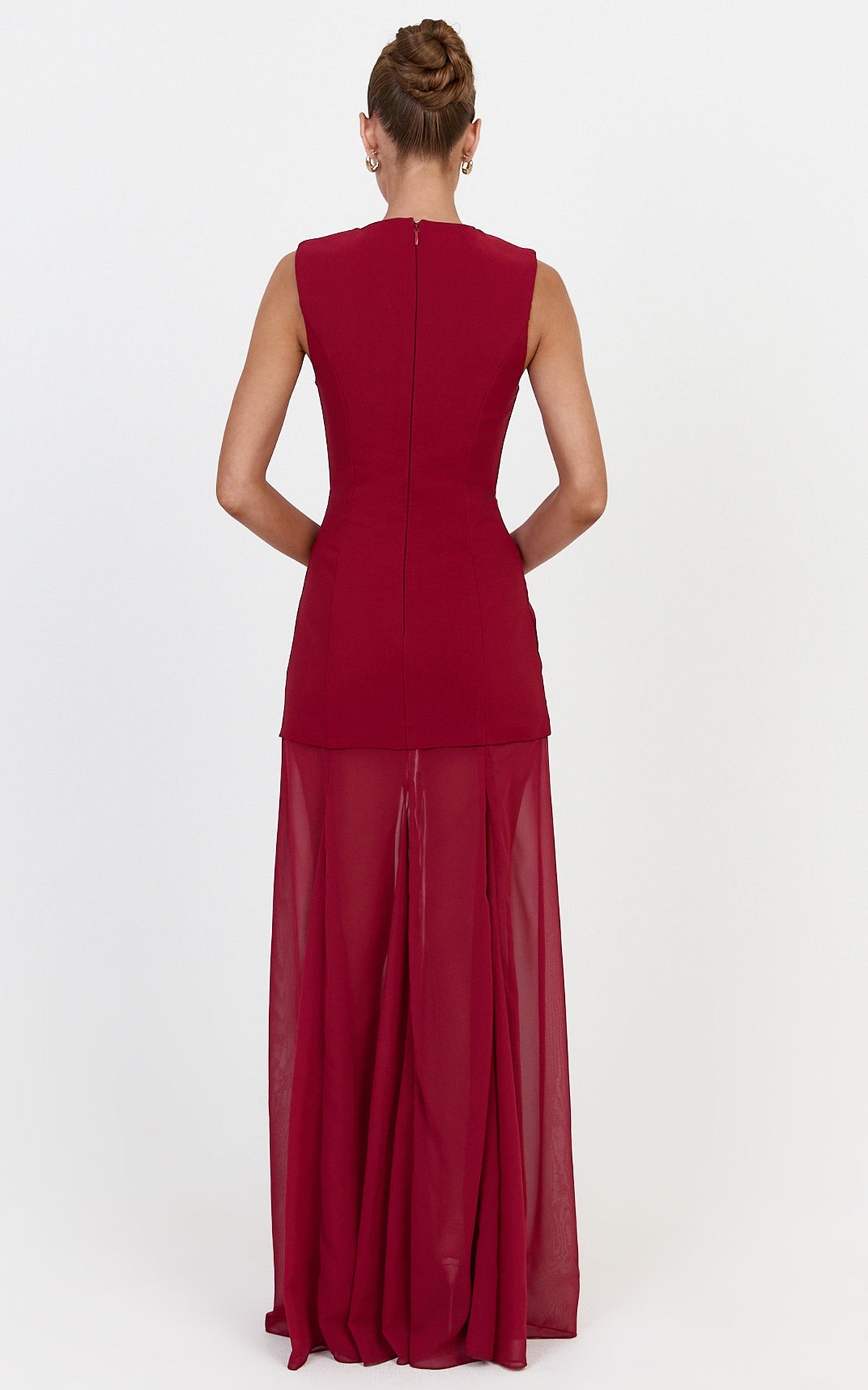 Frances Maxi Dress - Contrast U Neck Godet A Line Dress in Wine
