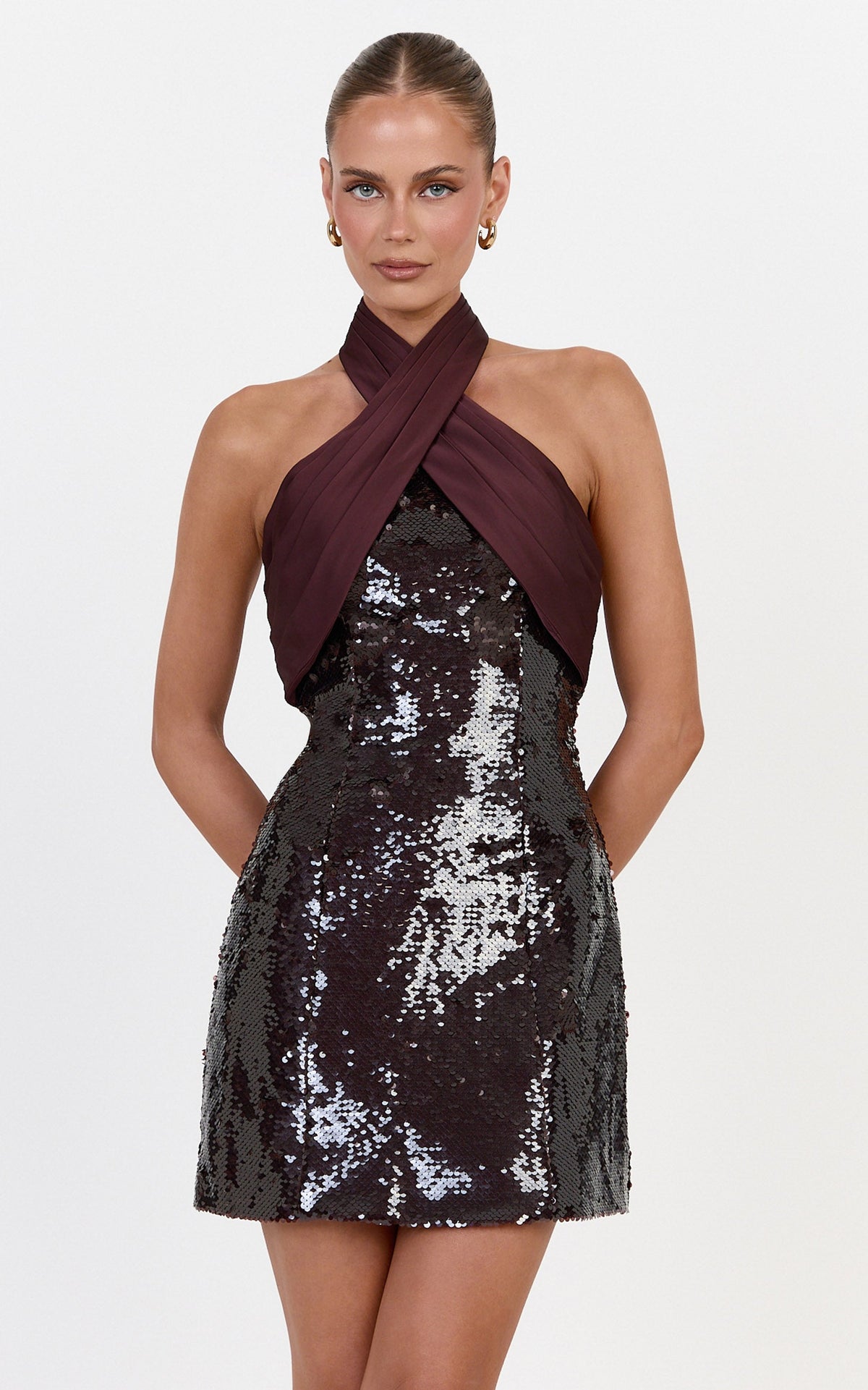 Shea Mini Dress - Crossover Halter Tie Neck Contrast Satin And Sequin Mini Dress in Plum