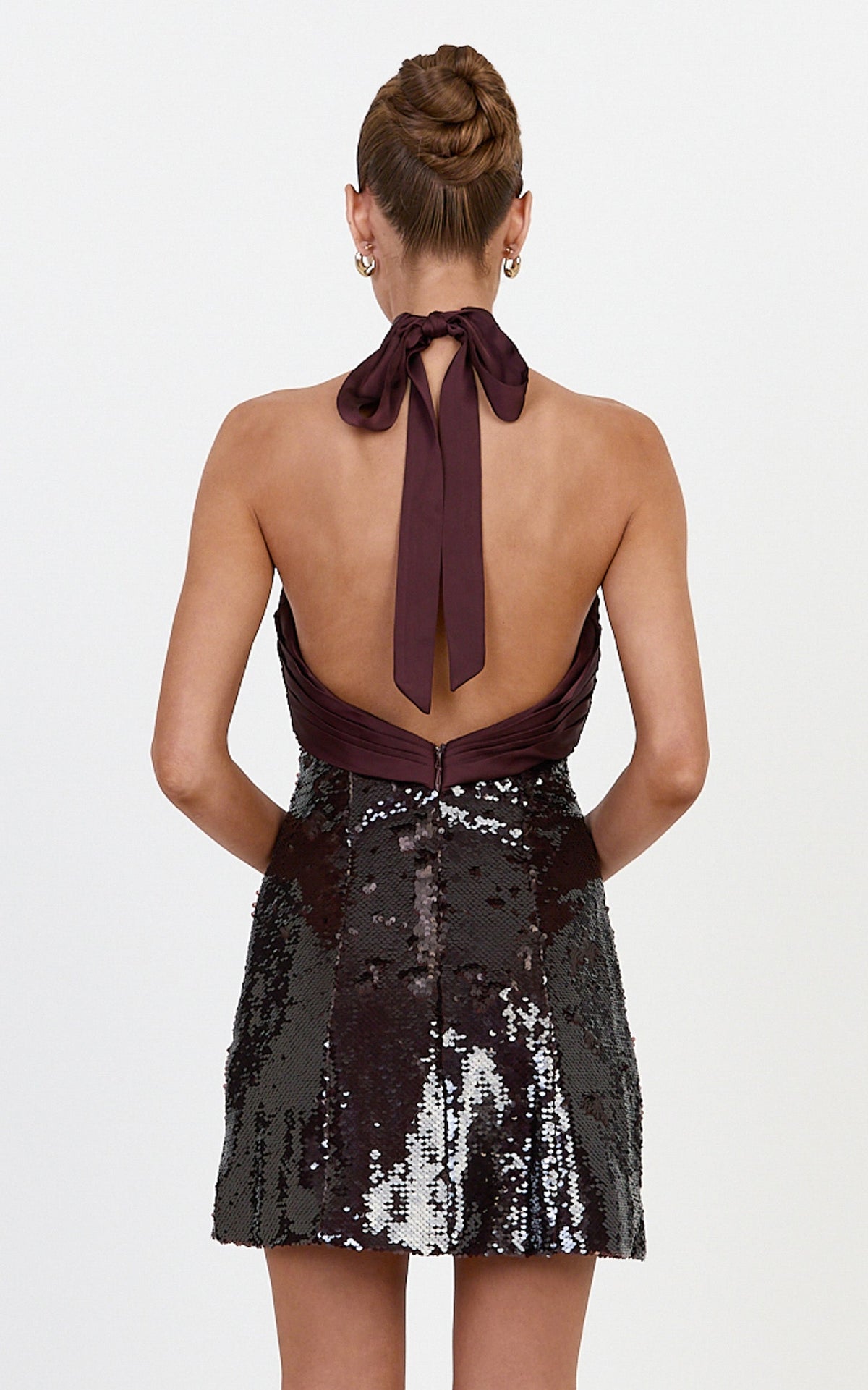 Shea Mini Dress - Crossover Halter Tie Neck Contrast Satin And Sequin Mini Dress in Plum