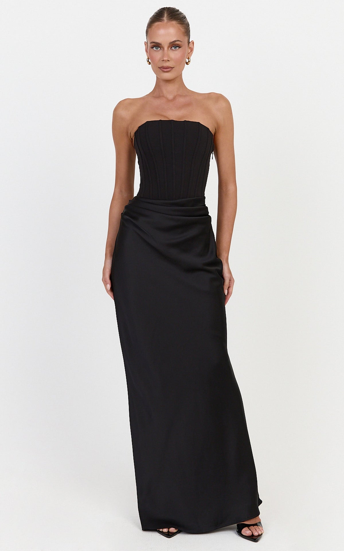 Kailani Maxi Dress - Strapless Corset Bodice Lace Up Back Dress in Black