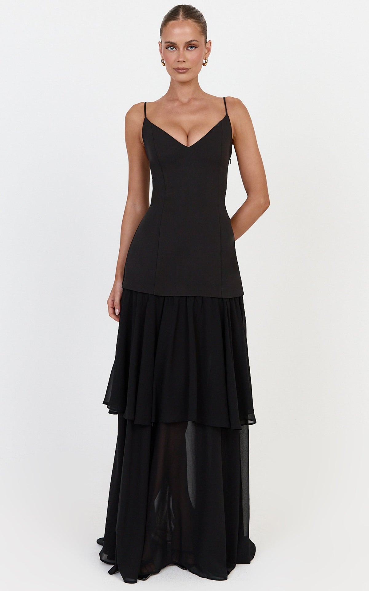 Lily Maxi Dress - Lace Up Back V Neck Tiered Georgette Dress in Black