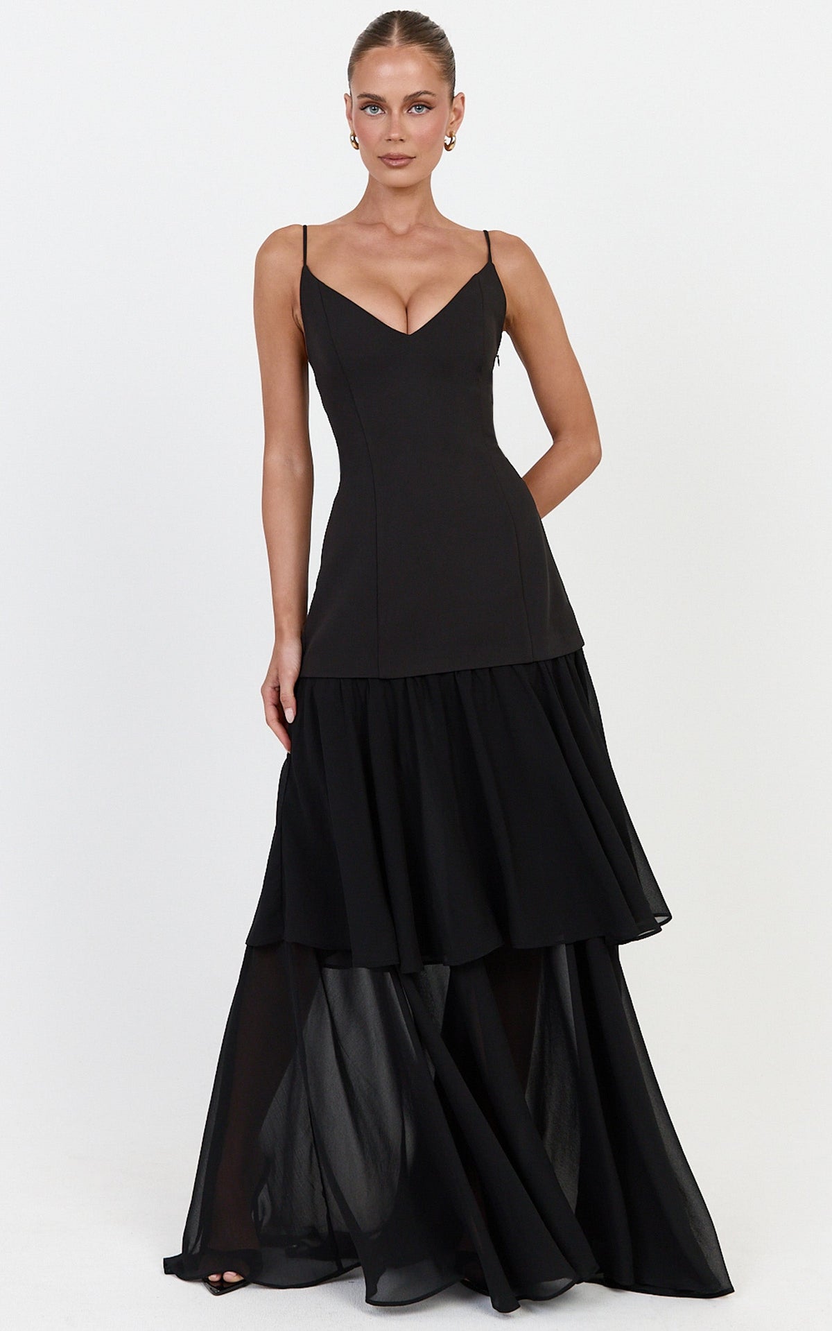 Lily Maxi Dress - Lace Up Back V Neck Tiered Georgette Dress in Black