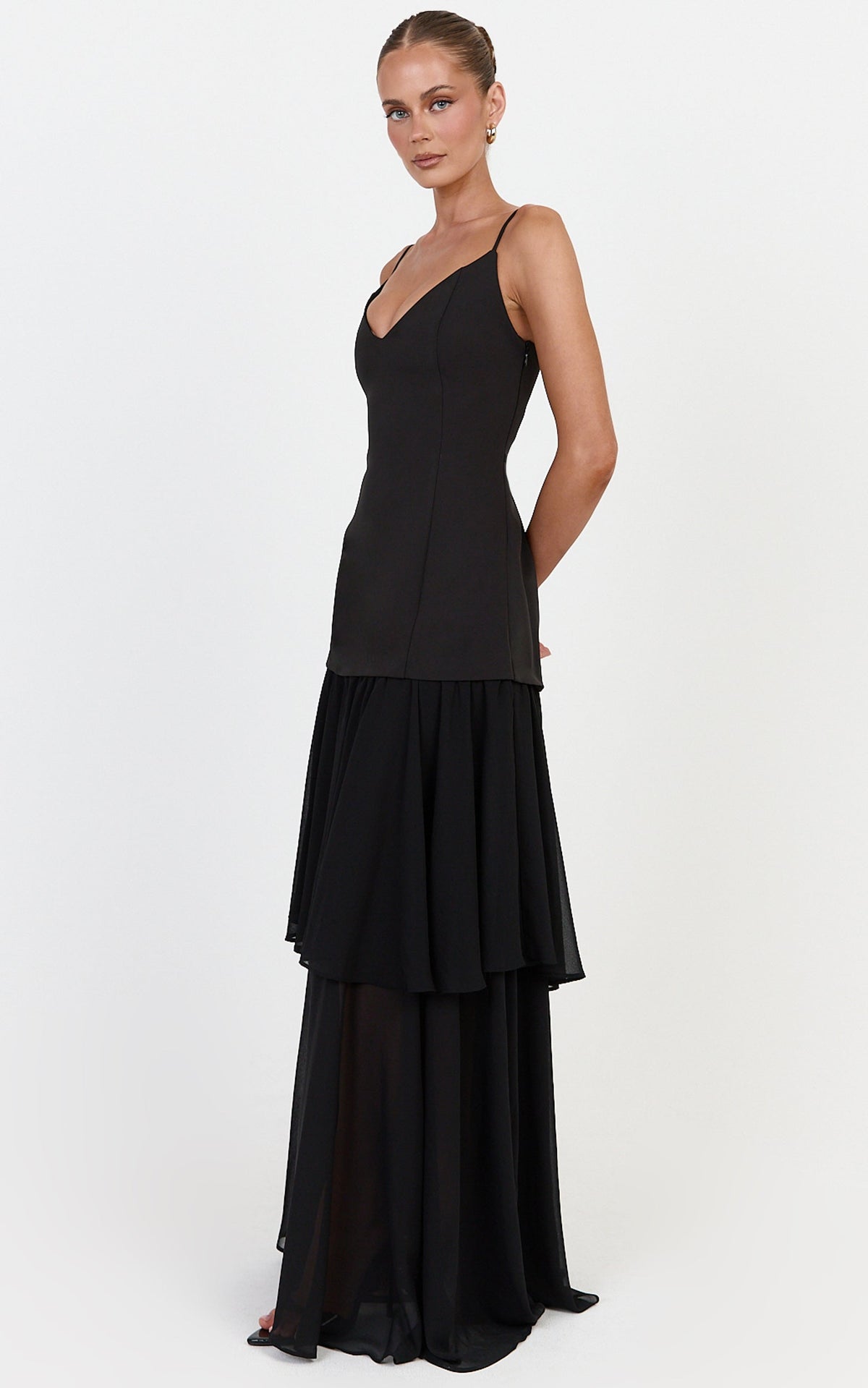 Lily Maxi Dress - Lace Up Back V Neck Tiered Georgette Dress in Black