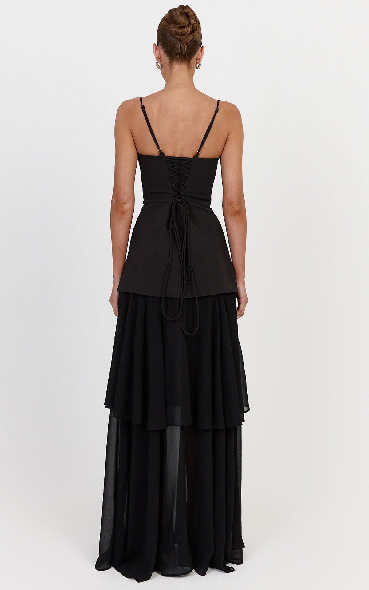 Lily Maxi Dress - Lace Up Back V Neck Tiered Georgette Dress in Black