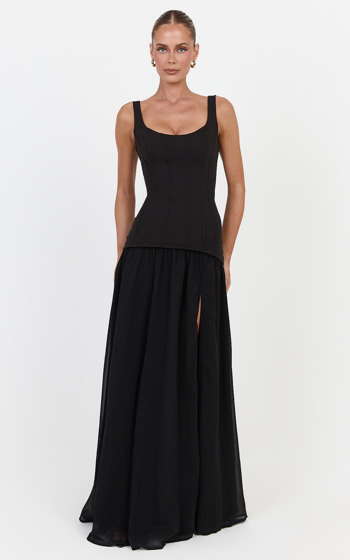 Coco Maxi Dress - Corset Bodice Fit And Flare Dress in Black
