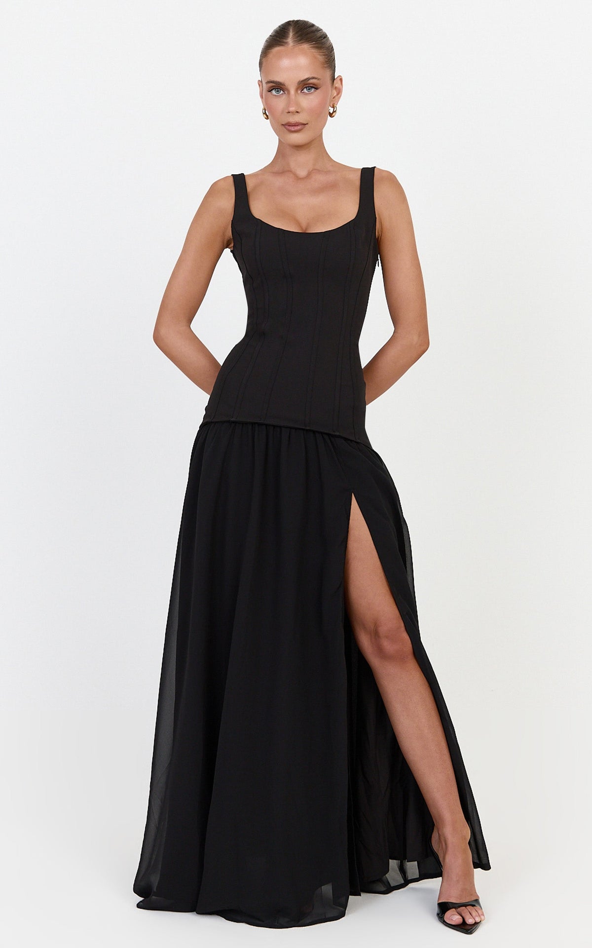 Coco Maxi Dress - Corset Bodice Fit And Flare Dress in Black