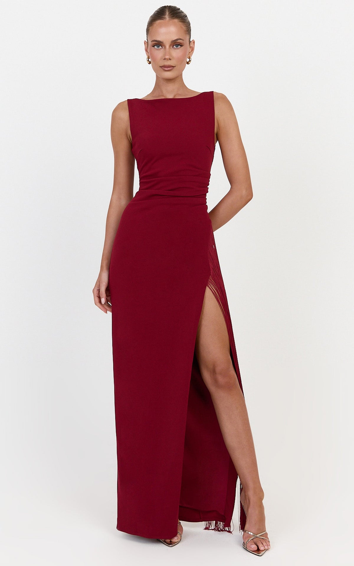 Joanne Maxi Dress - Scoop Neck Fringe Dress in Wine