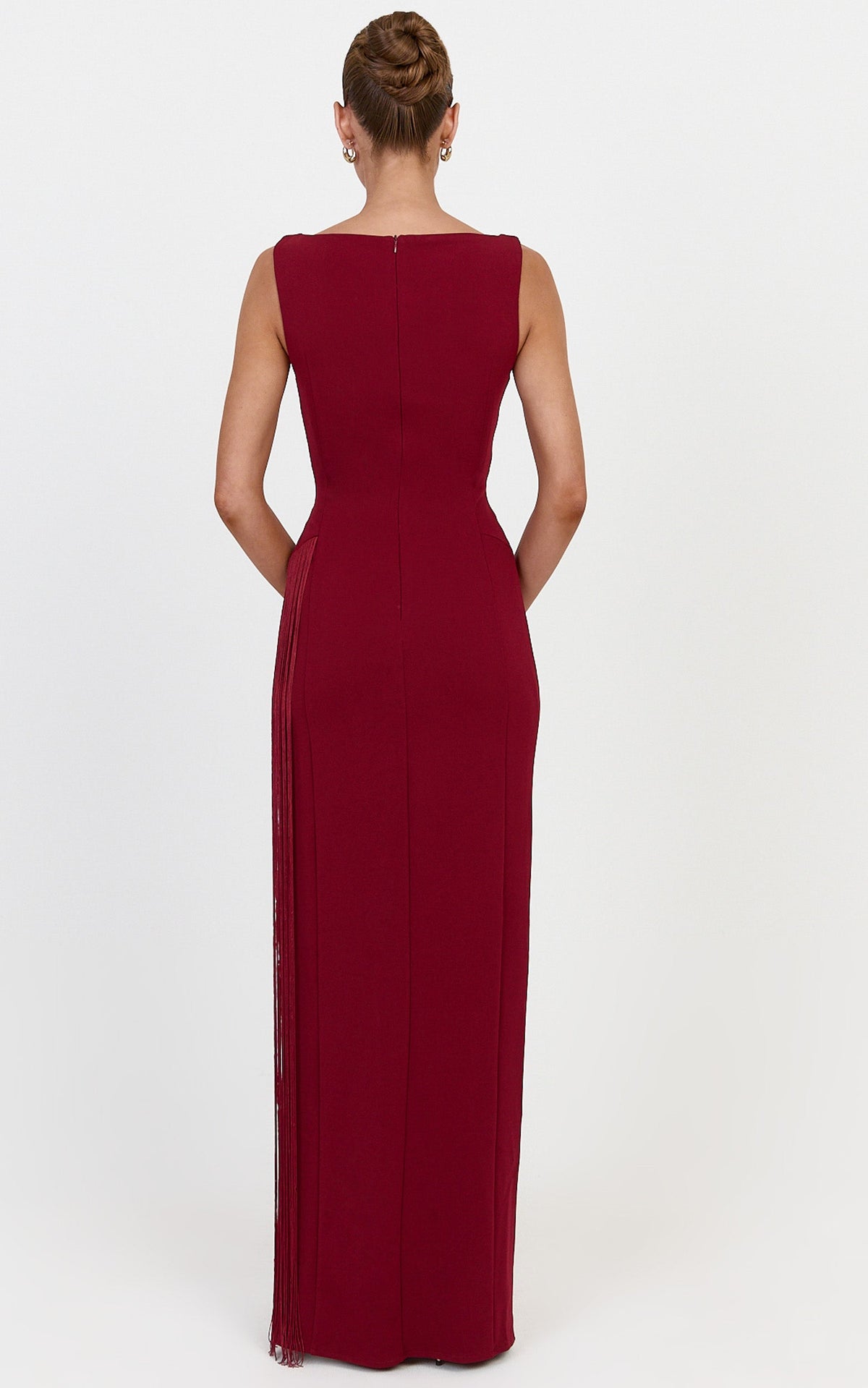 Joanne Maxi Dress - Scoop Neck Fringe Dress in Wine