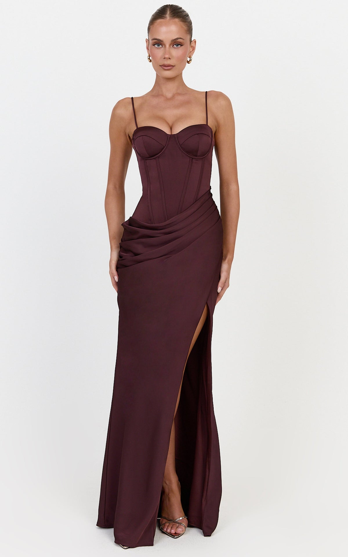 Natalia Maxi Dress - Sweetheart Neckline Corset Dress with Hip Drape Detail And Leg Split in Plum