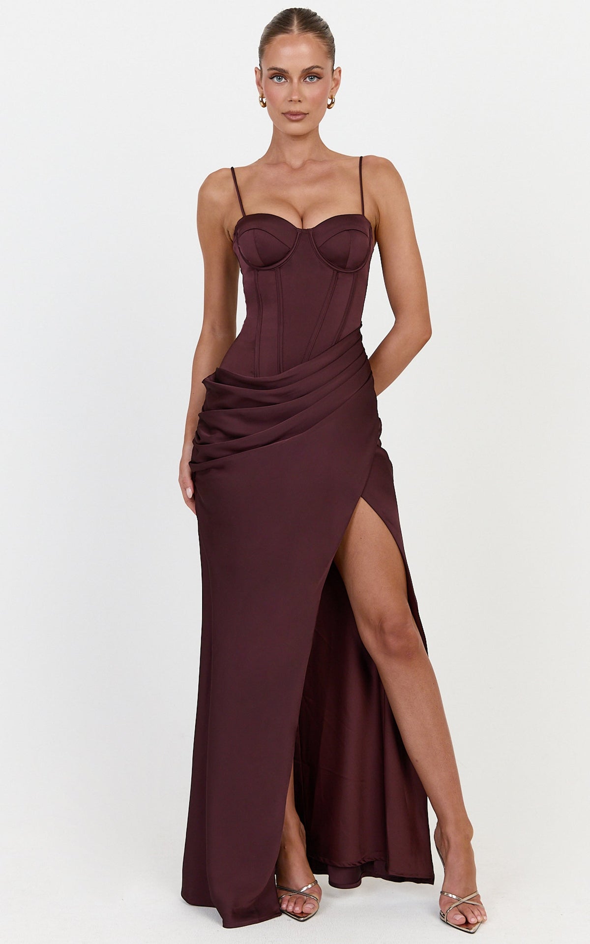Natalia Maxi Dress - Sweetheart Neckline Corset Dress with Hip Drape Detail And Leg Split in Plum