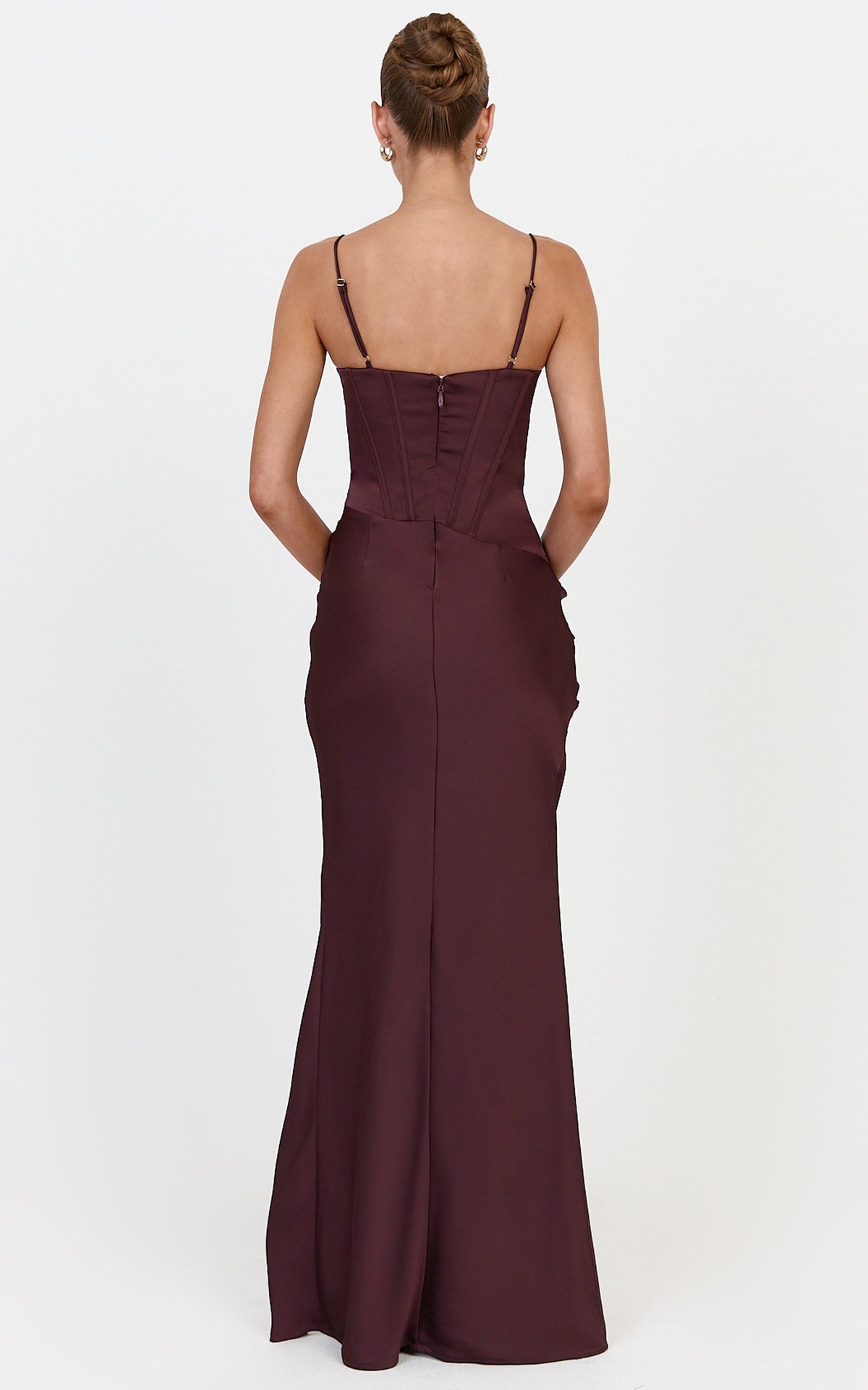 Natalia Maxi Dress - Sweetheart Neckline Corset Dress with Hip Drape Detail And Leg Split in Plum