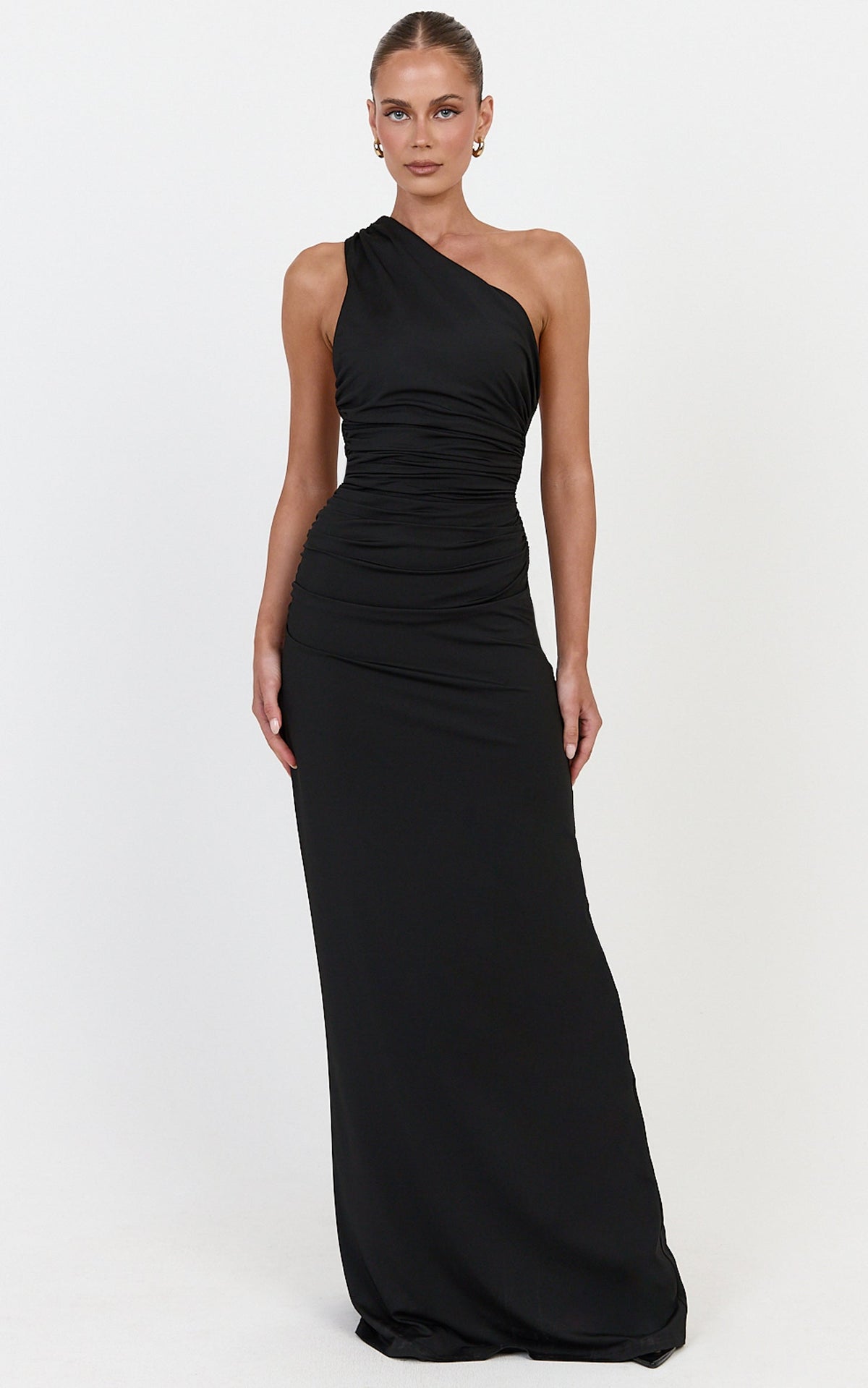 Cressida Maxi Dress - Backless One Shoulder Jersey Dress With Back Sash Detail in Black