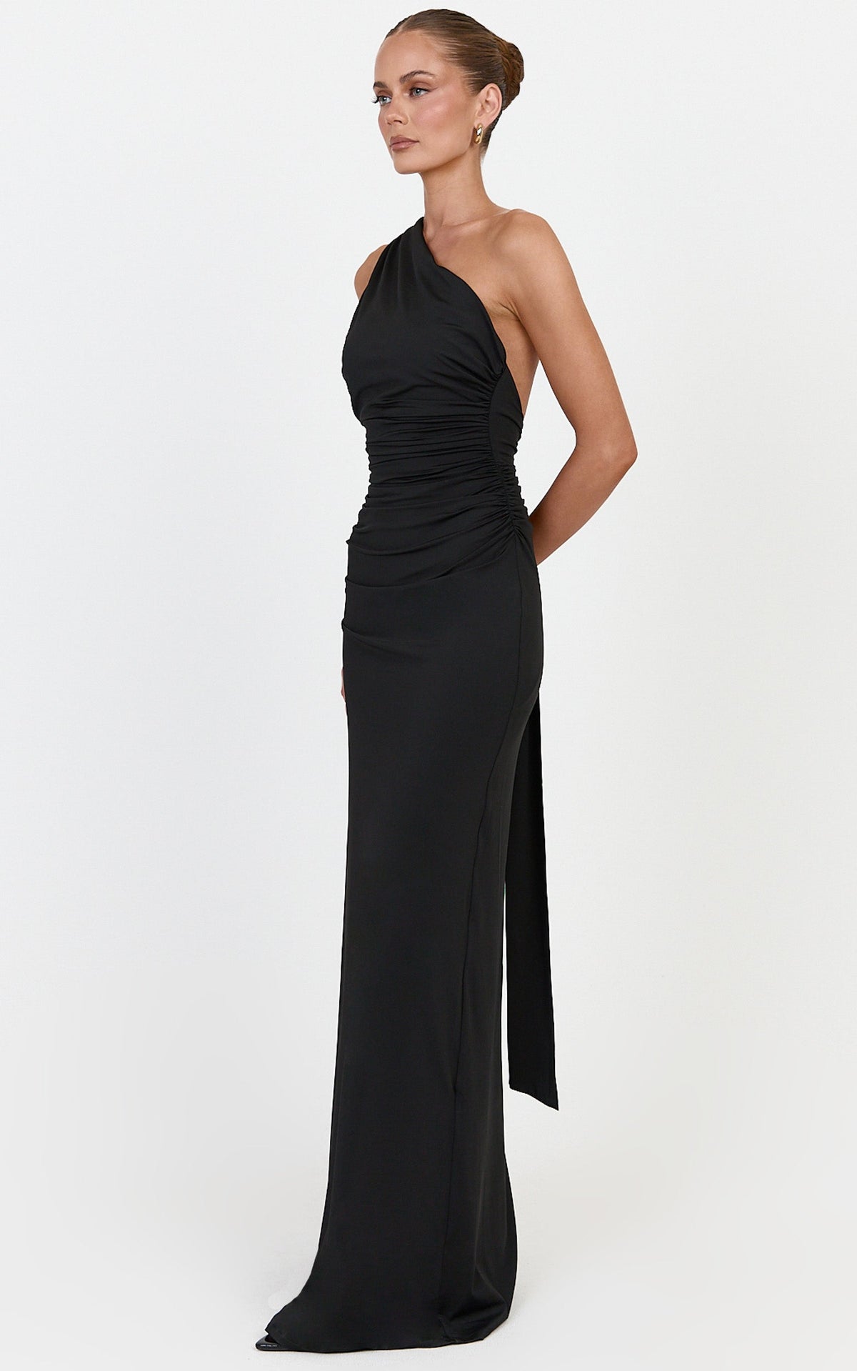 Cressida Maxi Dress - Backless One Shoulder Jersey Dress With Back Sash Detail in Black