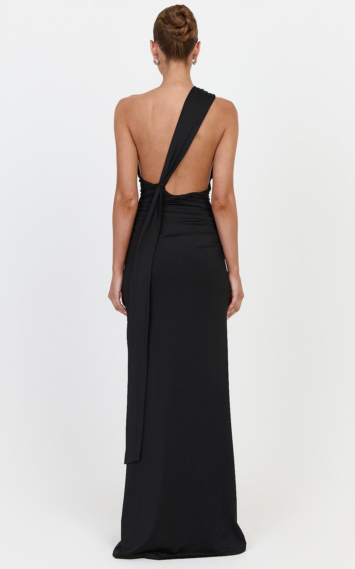 Cressida Maxi Dress - Backless One Shoulder Jersey Dress With Back Sash Detail in Black