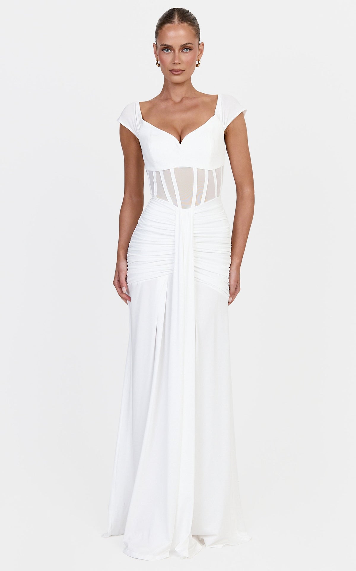 Luciana Maxi Dress - Sheer Corset Bodice Dress With Cap Sleeves And Hip Drape Details in White
