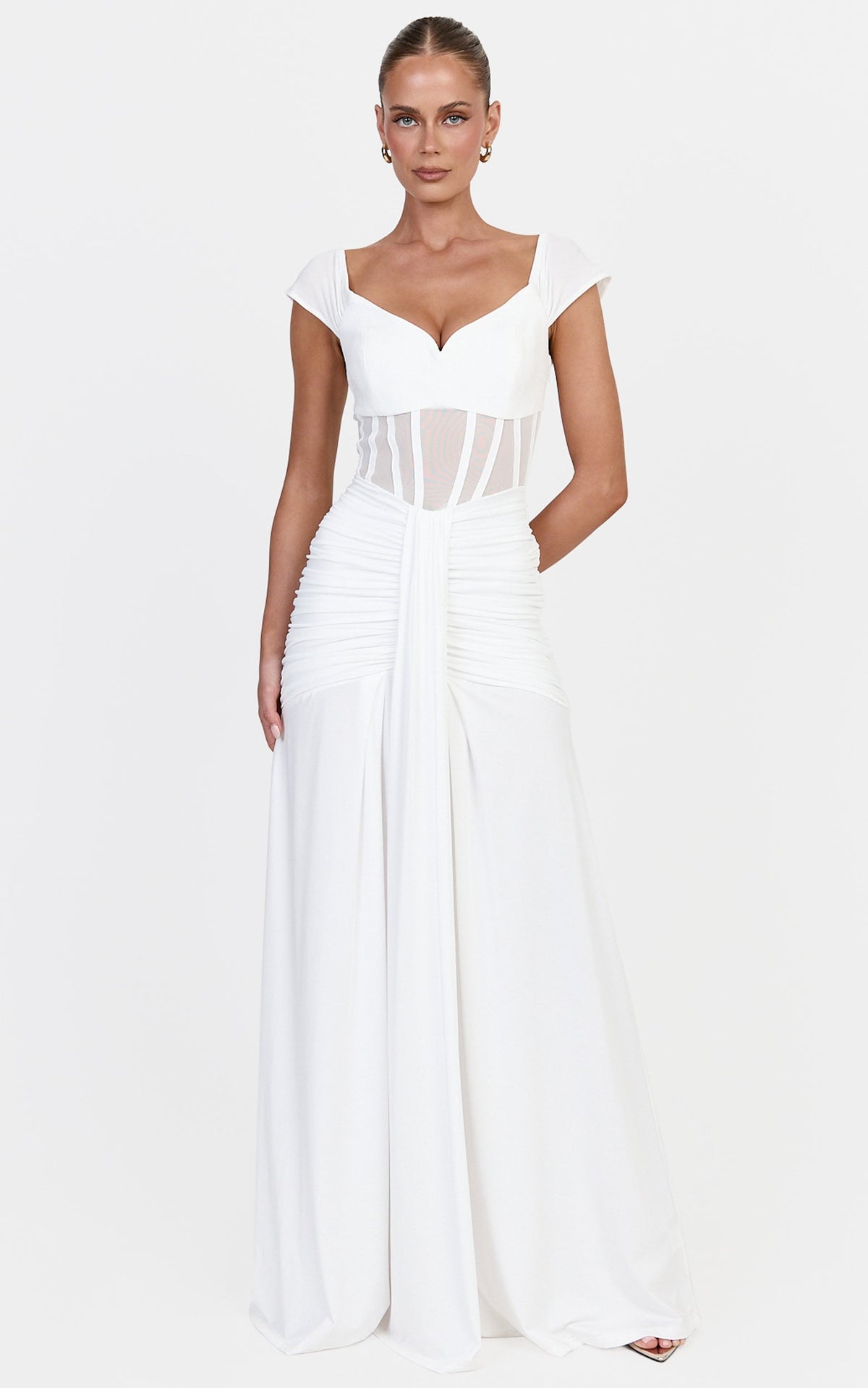 Luciana Maxi Dress - Sheer Corset Bodice Dress With Cap Sleeves And Hip Drape Details in White