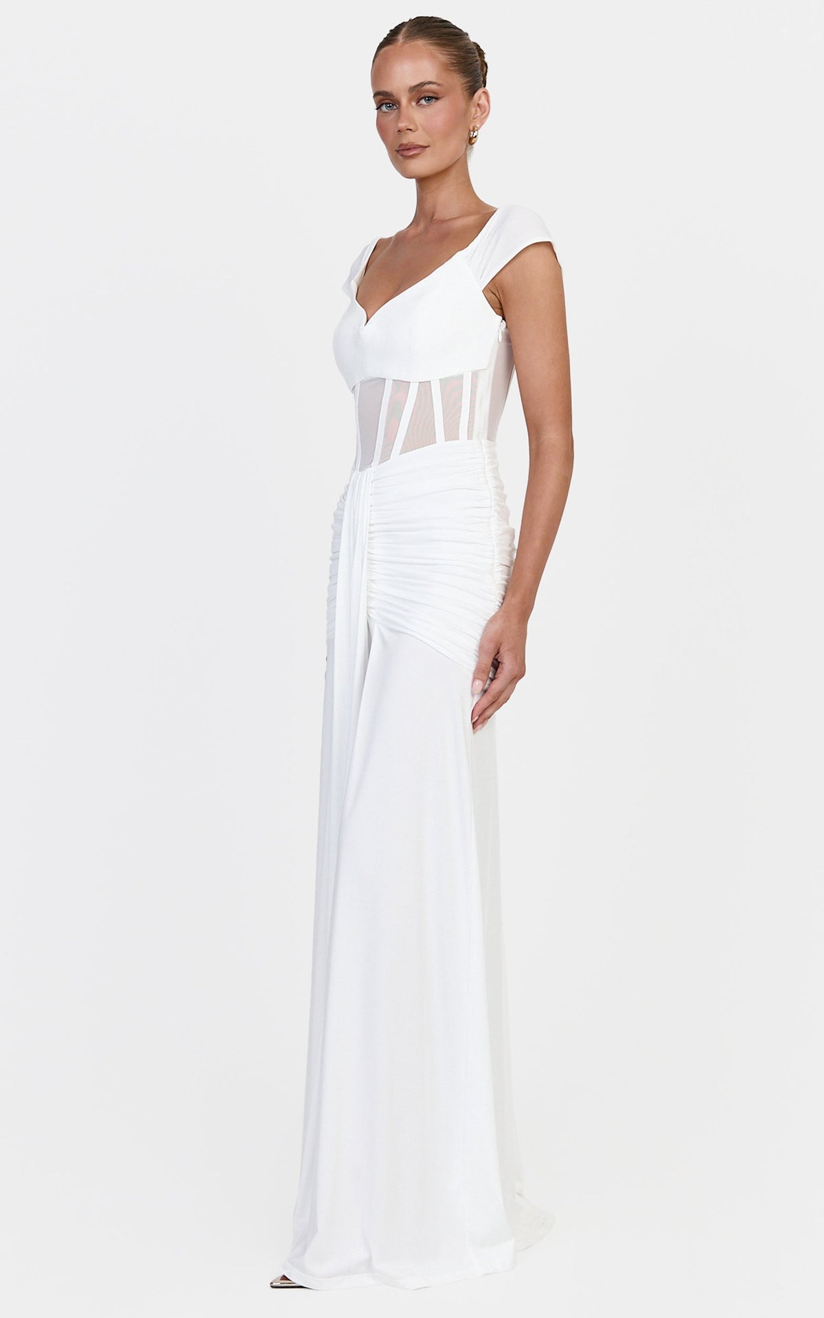 Luciana Maxi Dress - Sheer Corset Bodice Dress With Cap Sleeves And Hip Drape Details in White