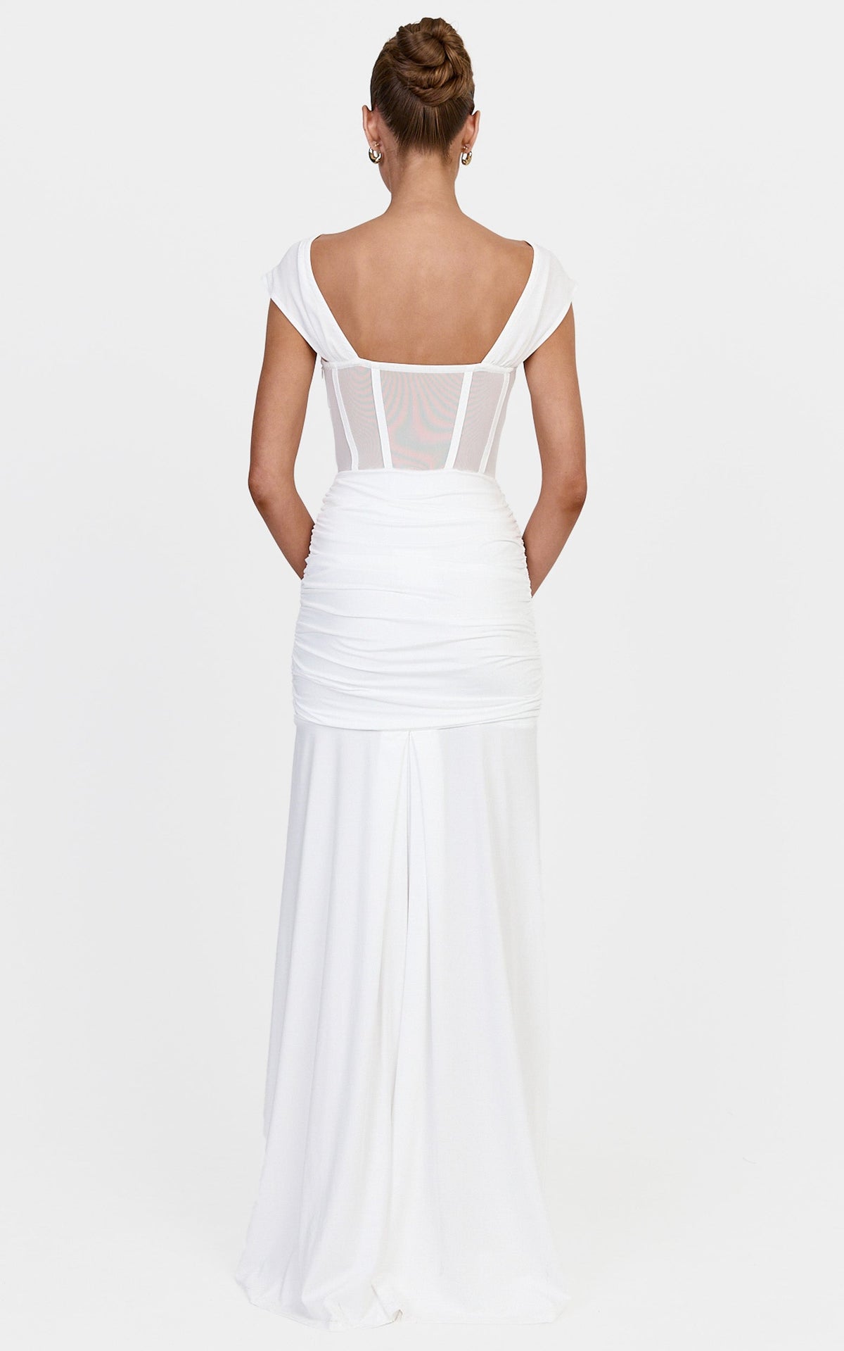 Luciana Maxi Dress - Sheer Corset Bodice Dress With Cap Sleeves And Hip Drape Details in White