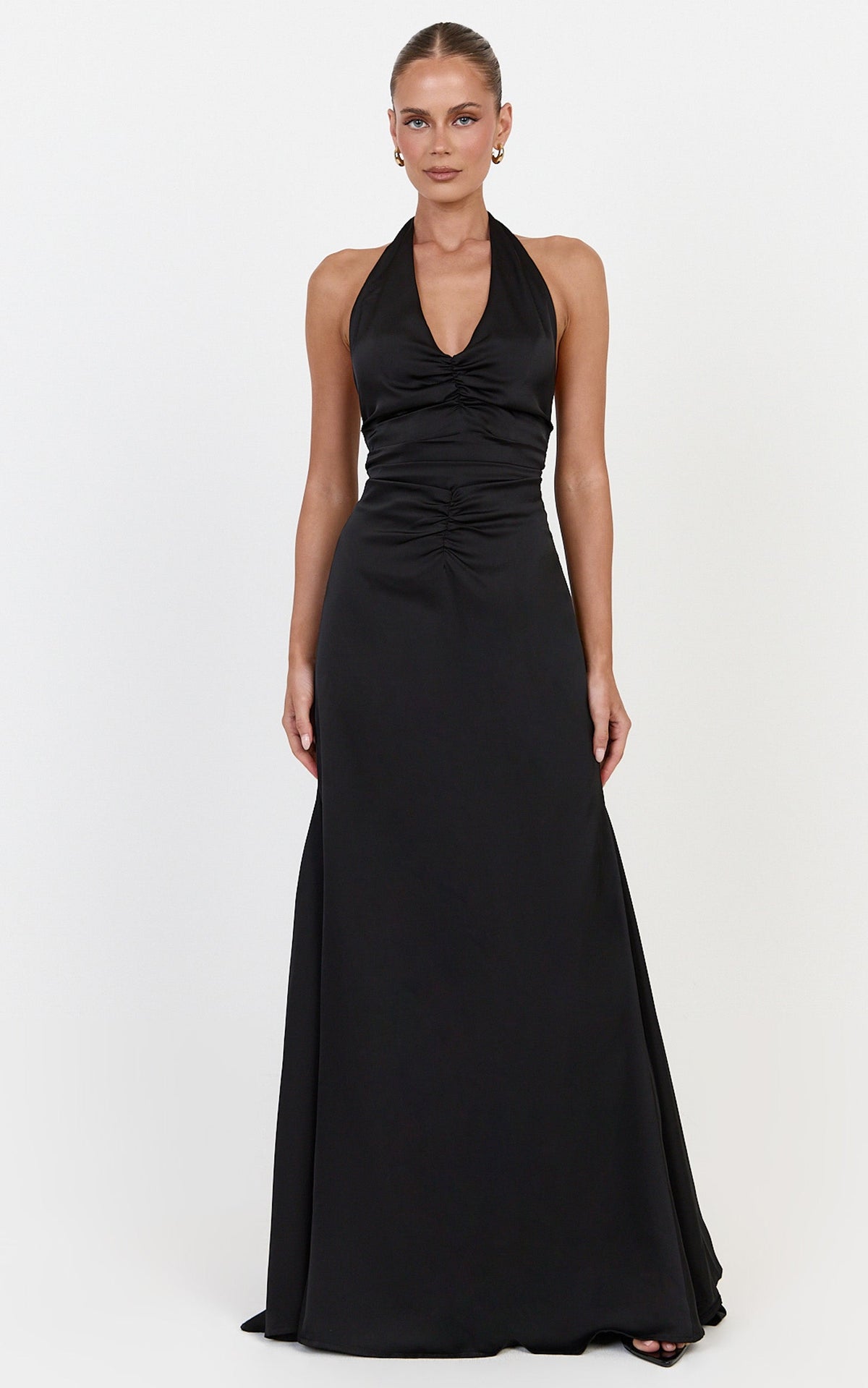 Nelle Maxi Dress - Backless Plunge Halter Neck Satin Dress With Knot Detail And Ruching in Black